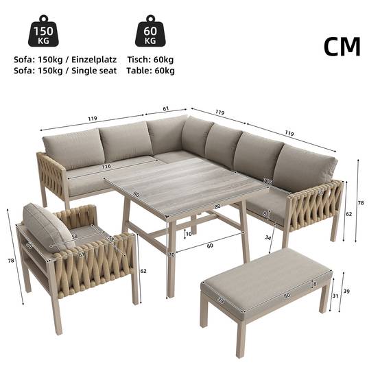 Mobilier jardin canapé d'angle corde tressée : structure fer galvanisé, pieds réglables, table basse verre + coussins, beige - Image 4