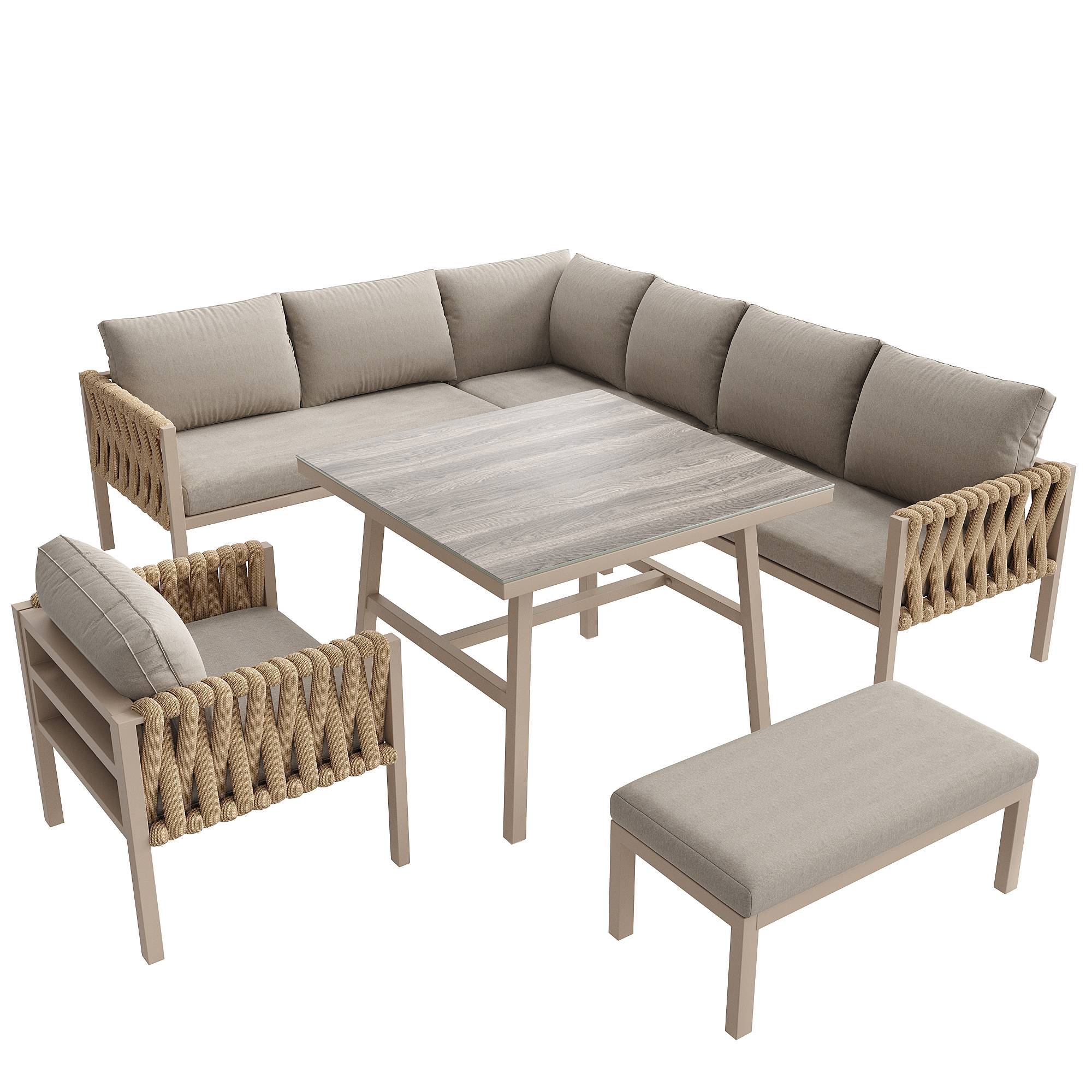 Mobilier jardin canapé d'angle corde tressée : structure fer galvanisé, pieds réglables, table basse verre + coussins, beige - Image 6