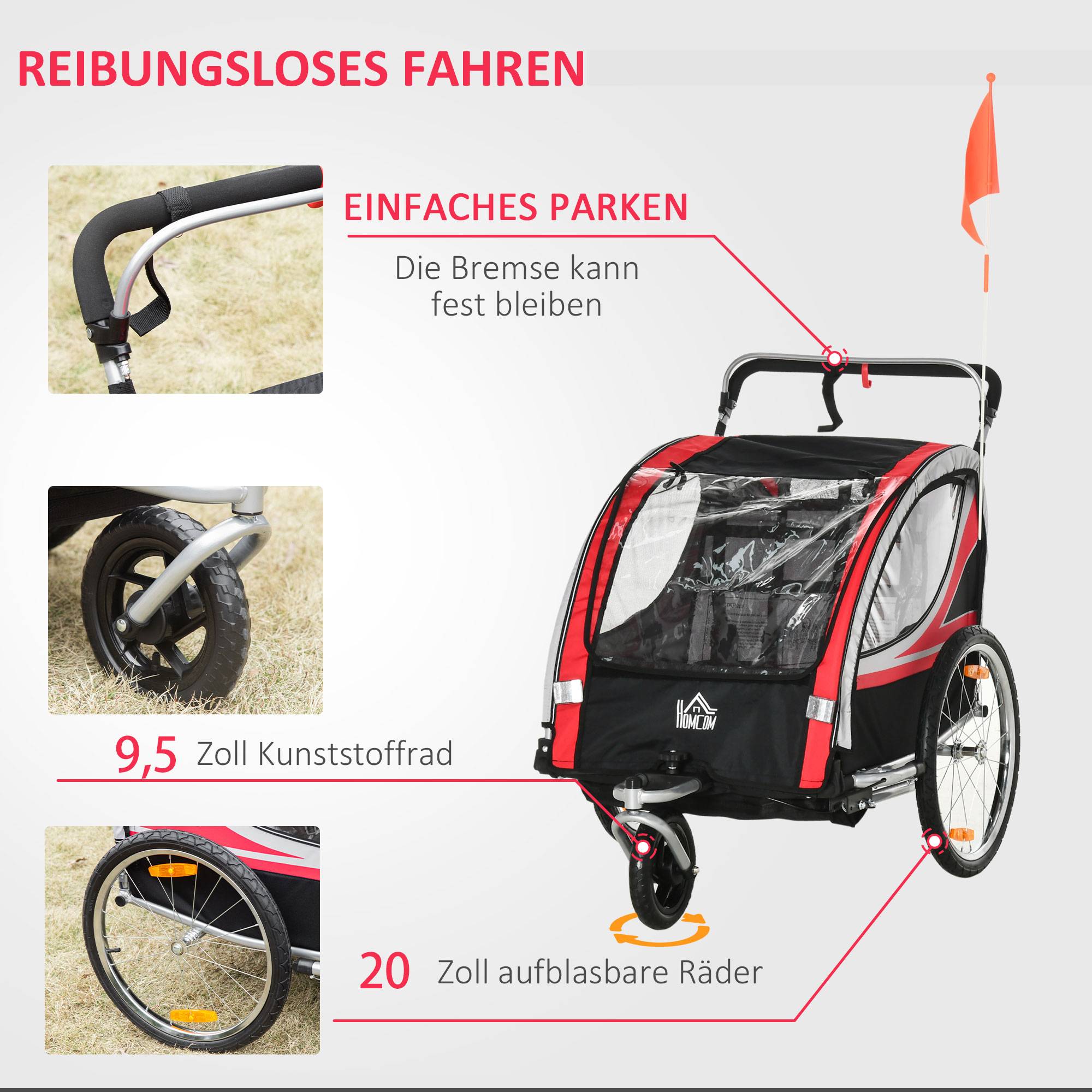 Remorque de vélo enfant acier rouge et noir 142 x 75 x 101 cm - PANGIVO - Image 7