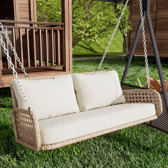 Balancelle Suspendue 2 Places Résine Tressée Extérieur Jardin Coussin Lavable 112cm Beige - ComfortXL Outdoor Living - Image 1