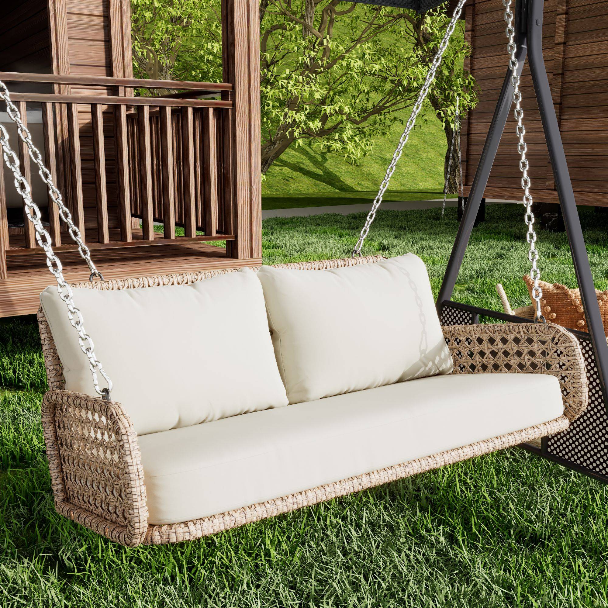 Balancelle Suspendue 2 Places Résine Tressée Extérieur Jardin Coussin Lavable 112cm Beige - ComfortXL Outdoor Living - Image 1