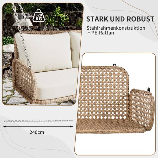 Balancelle Suspendue 2 Places Résine Tressée Extérieur Jardin Coussin Lavable 112cm Beige - ComfortXL Outdoor Living - Image 5