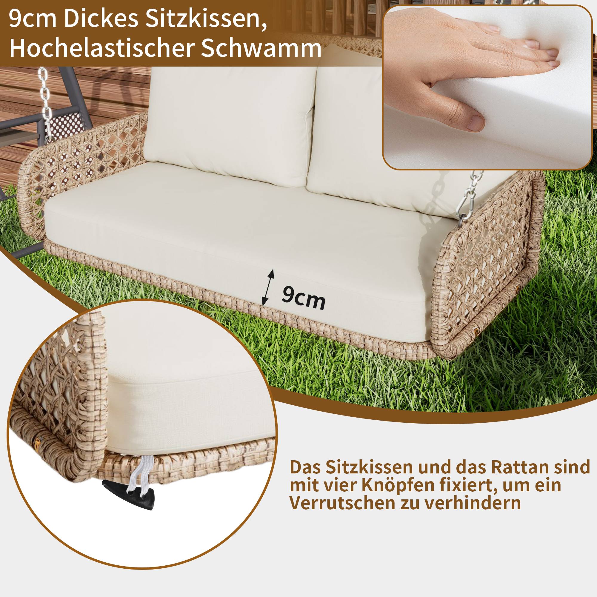 Balancelle Suspendue 2 Places Résine Tressée Extérieur Jardin Coussin Lavable 112cm Beige - ComfortXL Outdoor Living - Image 4