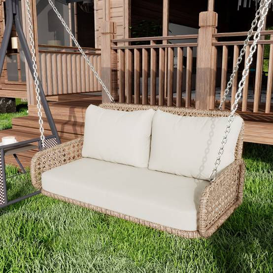 Balancelle Suspendue 2 Places Résine Tressée Extérieur Jardin Coussin Lavable 112cm Beige - ComfortXL Outdoor Living - Image 10