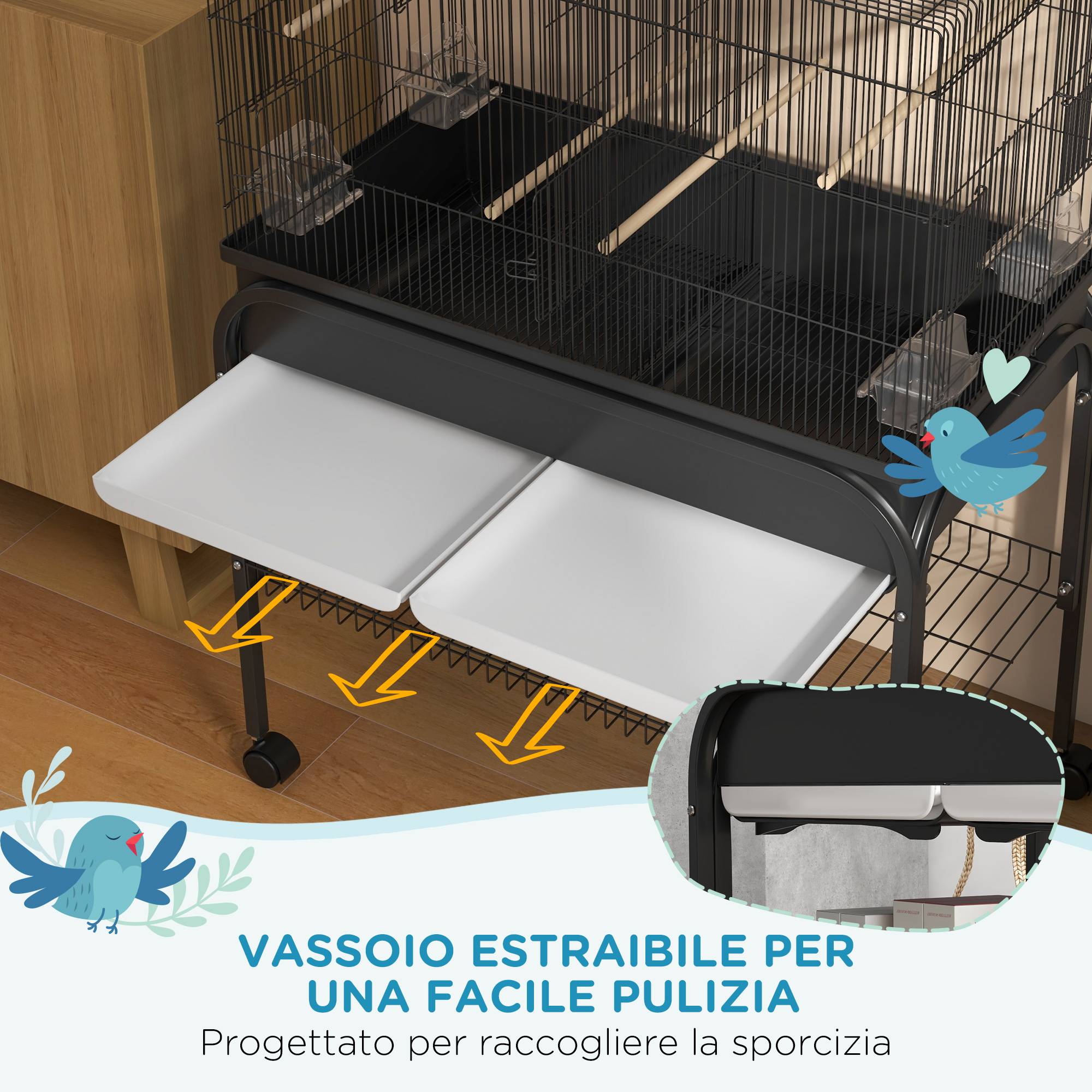 Cage pour oiseaux d'intérieur avec bac, étagère et roues avec frein, 85x49x119 cm, noir - Image 6