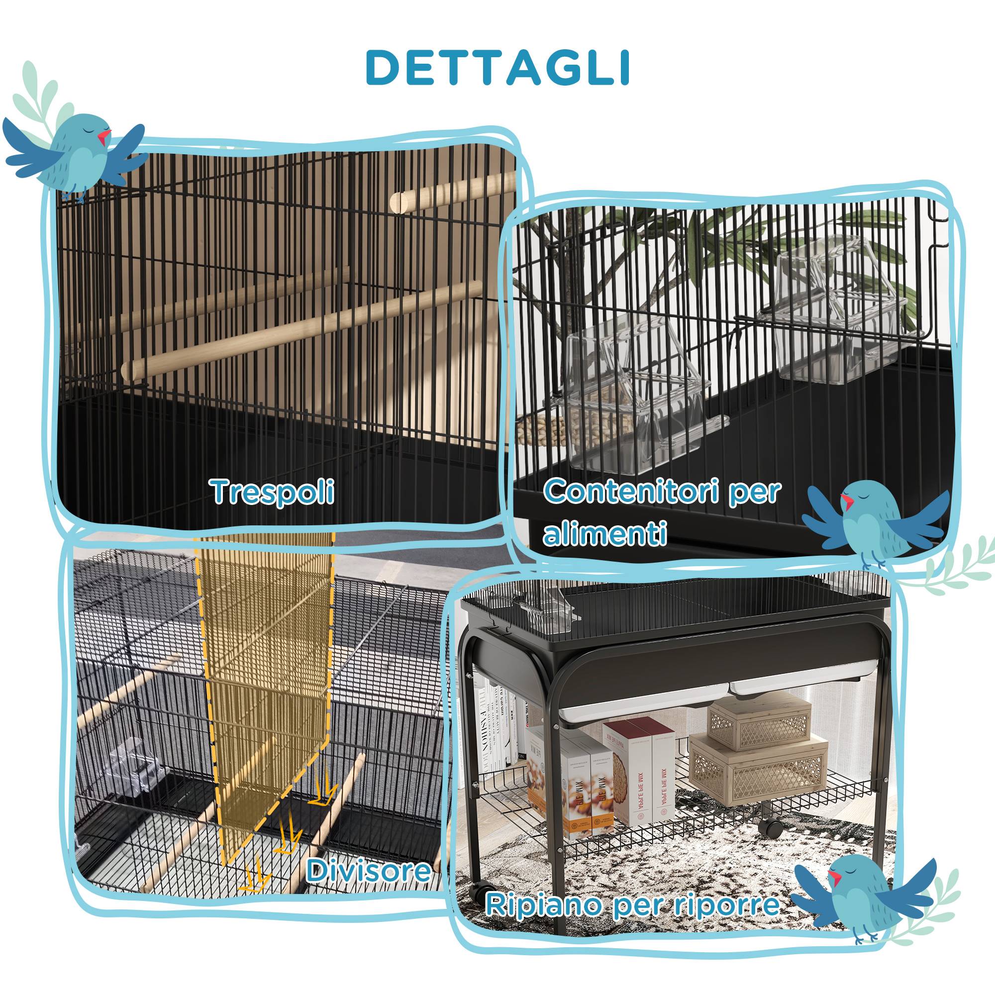 Cage pour oiseaux d'intérieur avec bac, étagère et roues avec frein, 85x49x119 cm, noir - Image 9