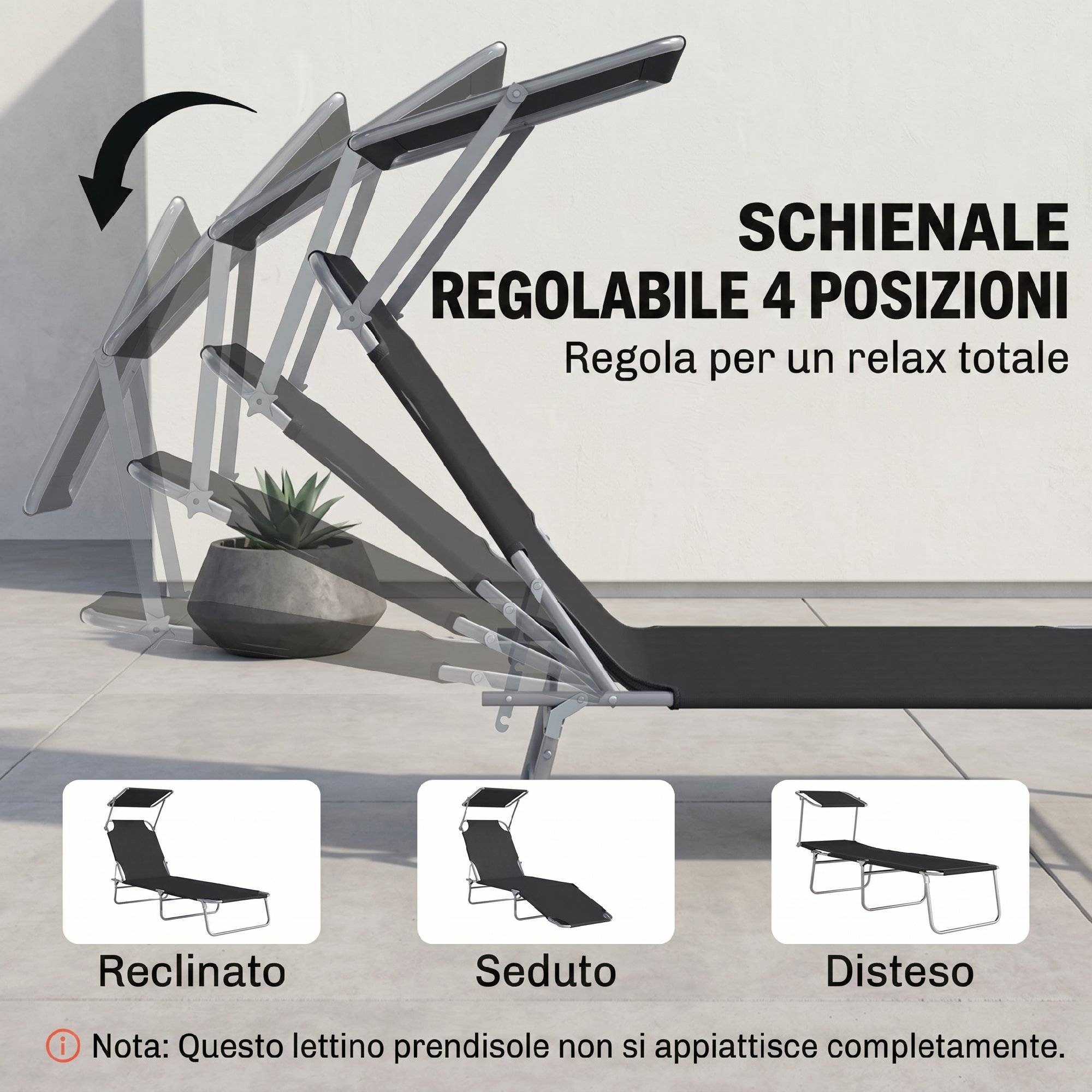 Lit de bronzage de jardin pliable réglable avec auvent tissu noir, 187x58x50 cm - Image 7
