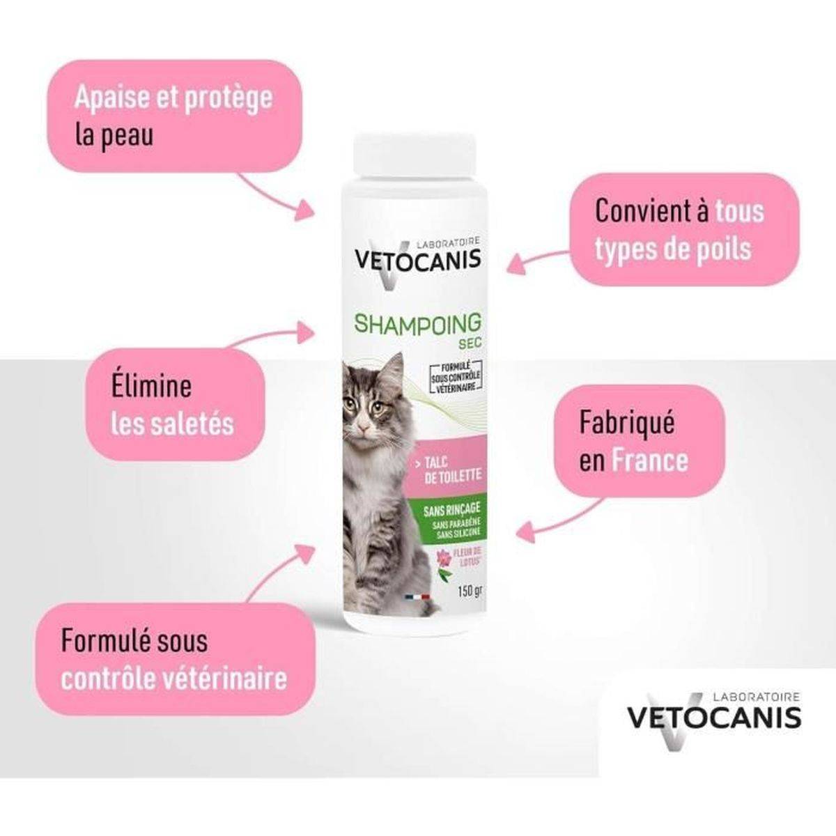 Shampooing sec sans rinçage pour chat à la poudre absorbante talc - 150 g - VETOCANIS - Image 2