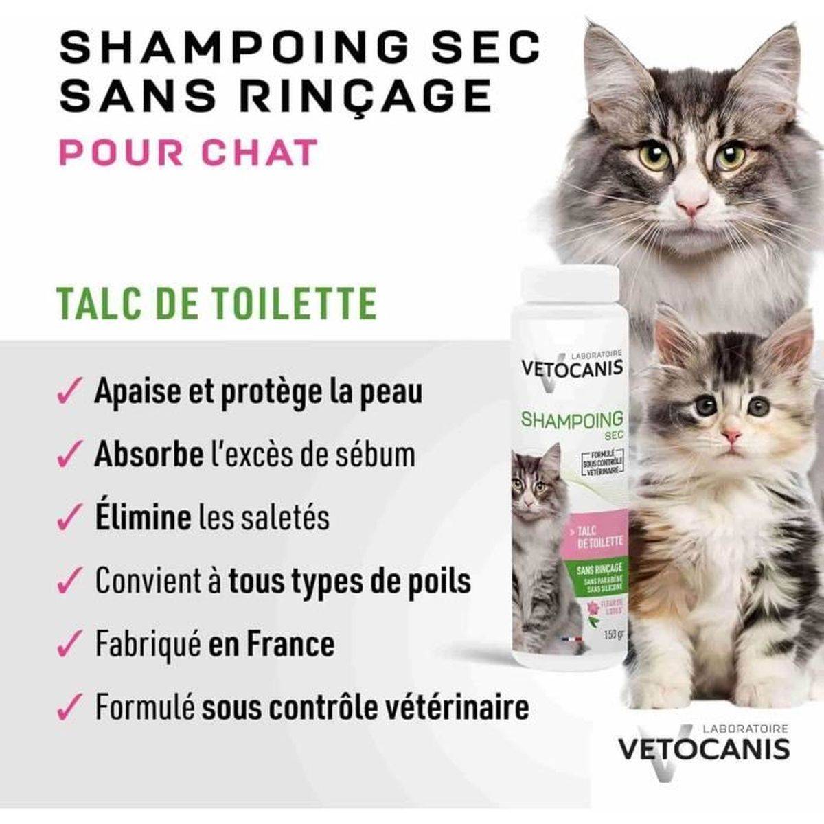 Shampooing sec sans rinçage pour chat à la poudre absorbante talc - 150 g - VETOCANIS - Image 3