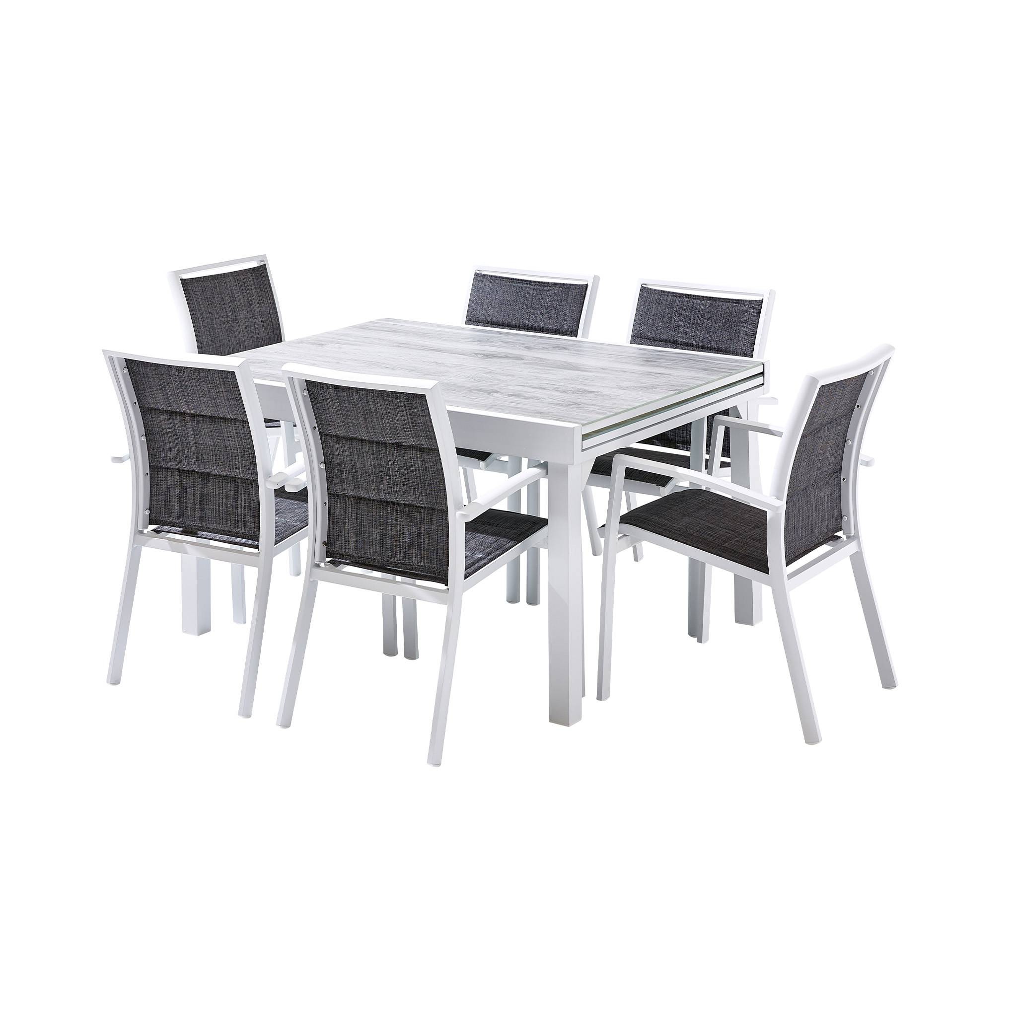Wilsa Garden - Ensemble MODULO 6/10p en aluminium blanc et verre décors bois avec 6 fauteuils en textilène - Image 2