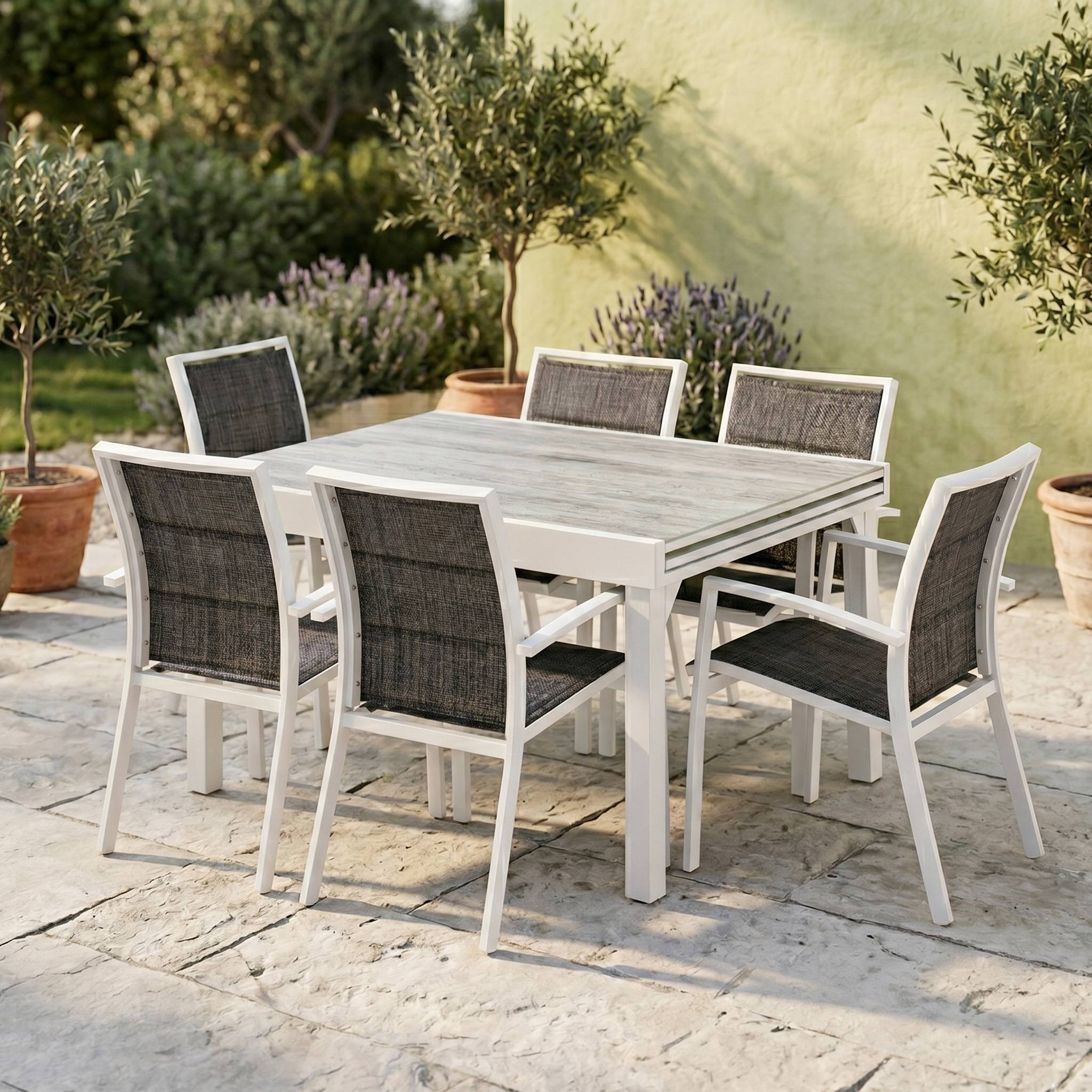 Wilsa Garden - Ensemble MODULO 6/10p en aluminium blanc et verre décors bois avec 6 fauteuils en textilène - Image 1