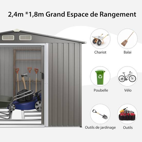 Abri de Jardin 4.7㎡en Acier Galvanisé Anti-UV, 260 x 207 x 181 CM, Fondation et Porte Coulissante, Rampe, 4 Trous d’Aération, Gris clair - Image 4