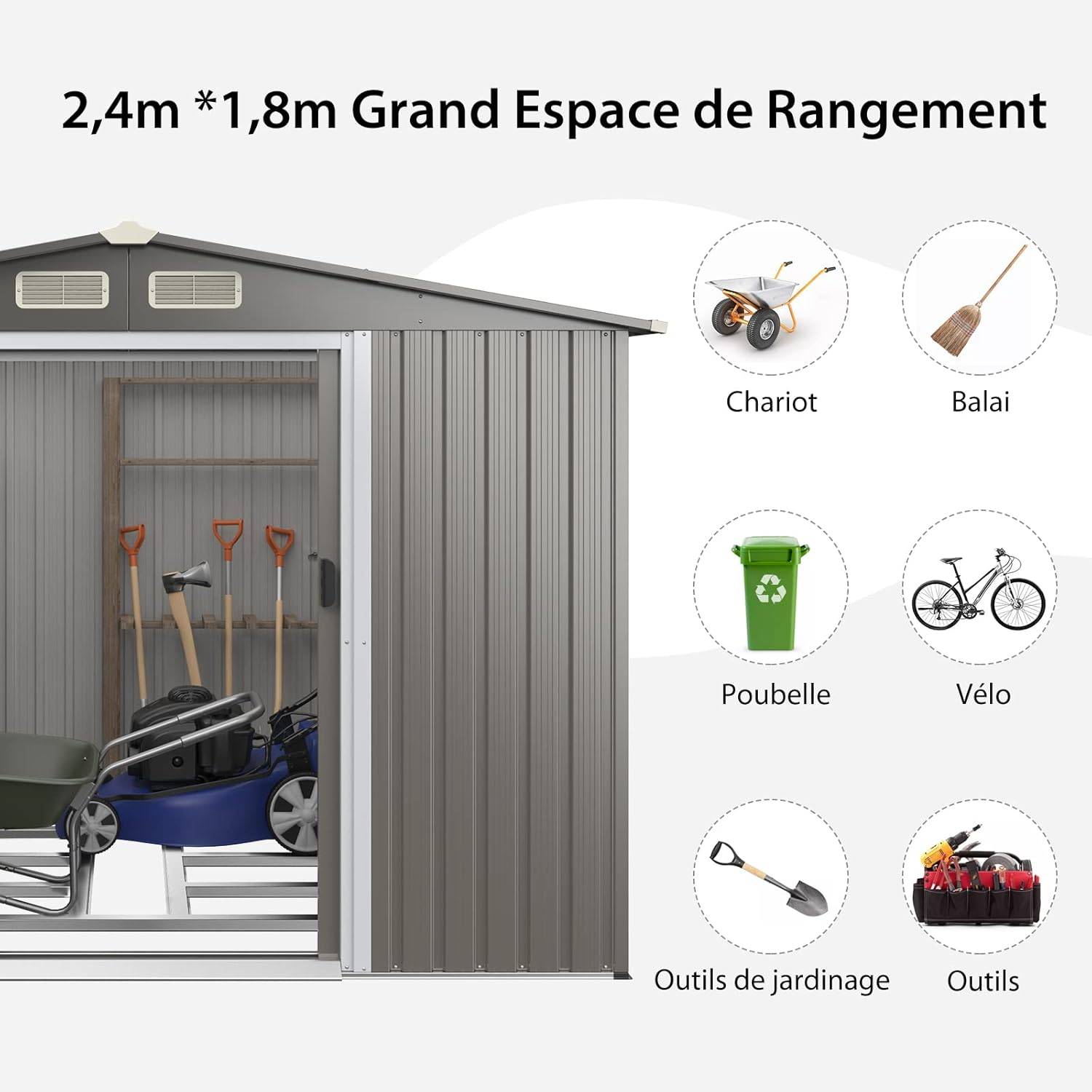 Abri de Jardin 4.7㎡en Acier Galvanisé Anti-UV, 260 x 207 x 181 CM, Fondation et Porte Coulissante, Rampe, 4 Trous d’Aération, Gris clair - Image 4