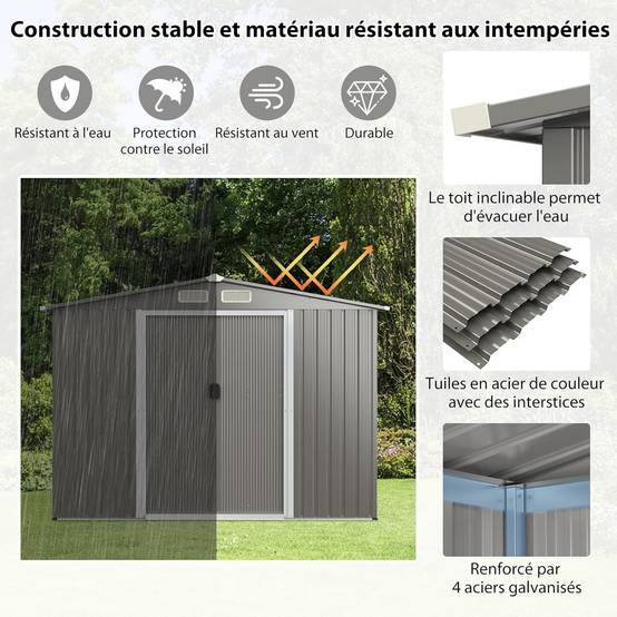 Abri de Jardin 4.7㎡en Acier Galvanisé Anti-UV, 260 x 207 x 181 CM, Fondation et Porte Coulissante, Rampe, 4 Trous d’Aération, Gris clair - Image 9
