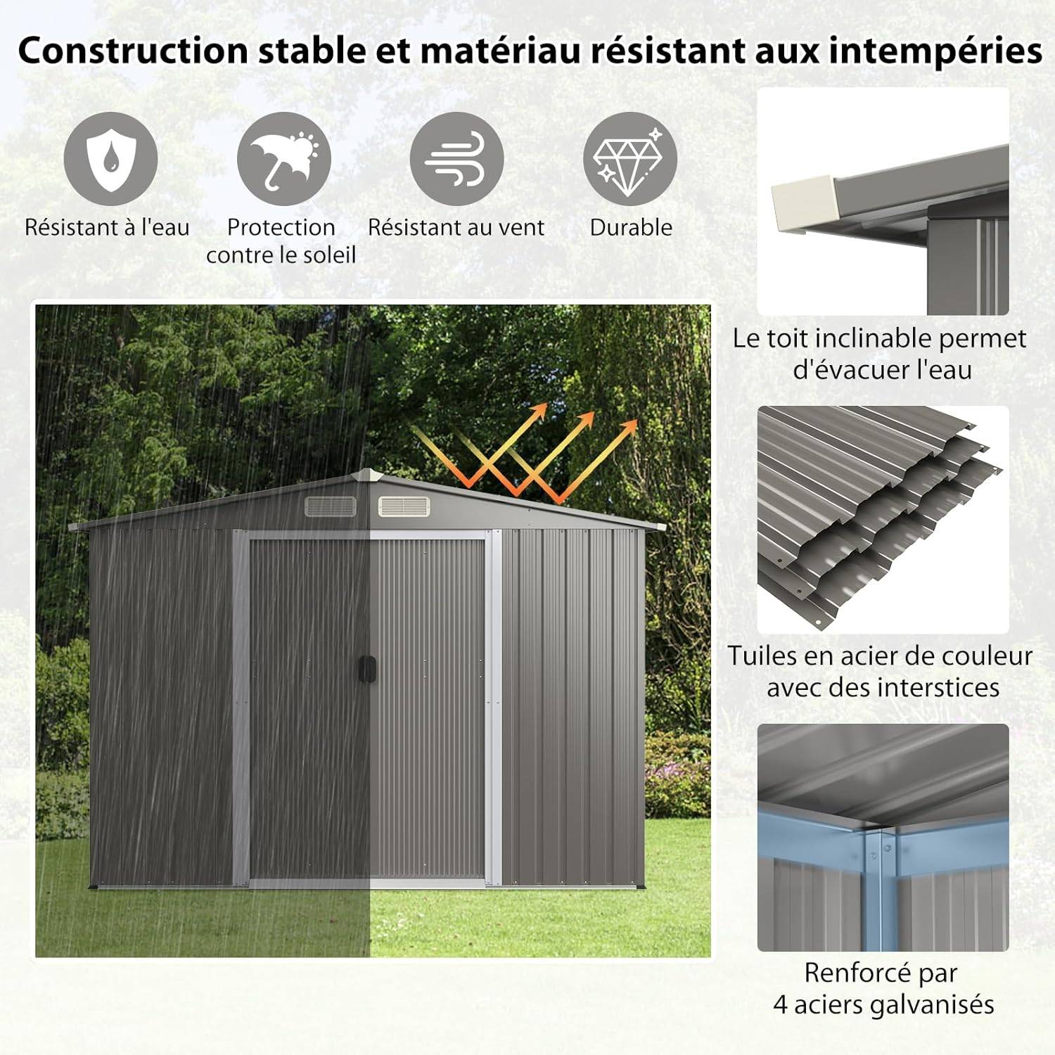 Abri de Jardin 4.7㎡en Acier Galvanisé Anti-UV, 260 x 207 x 181 CM, Fondation et Porte Coulissante, Rampe, 4 Trous d’Aération, Gris clair - Image 9