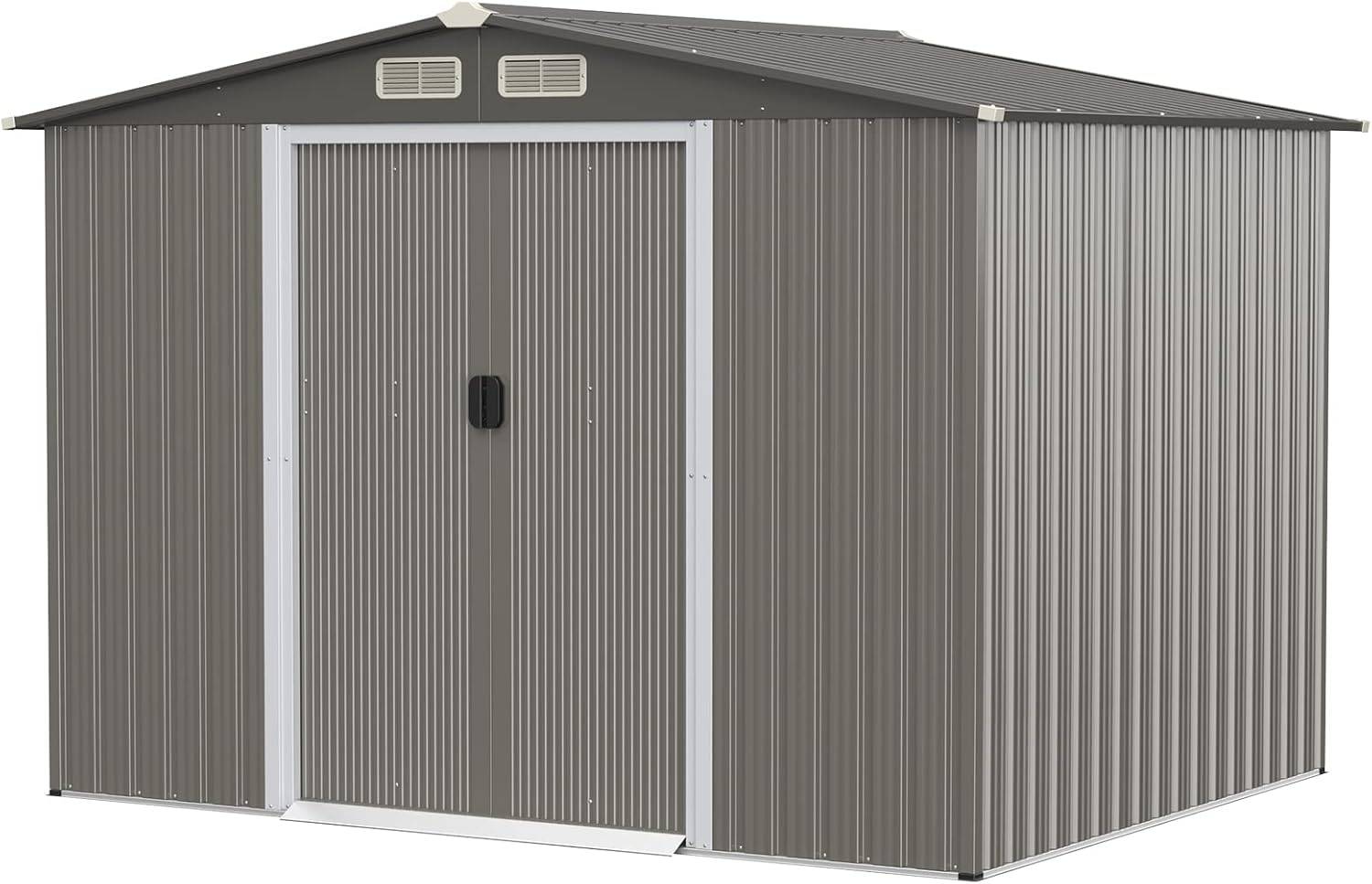 Abri de Jardin 4.7㎡en Acier Galvanisé Anti-UV, 260 x 207 x 181 CM, Fondation et Porte Coulissante, Rampe, 4 Trous d’Aération, Gris clair - Image 1
