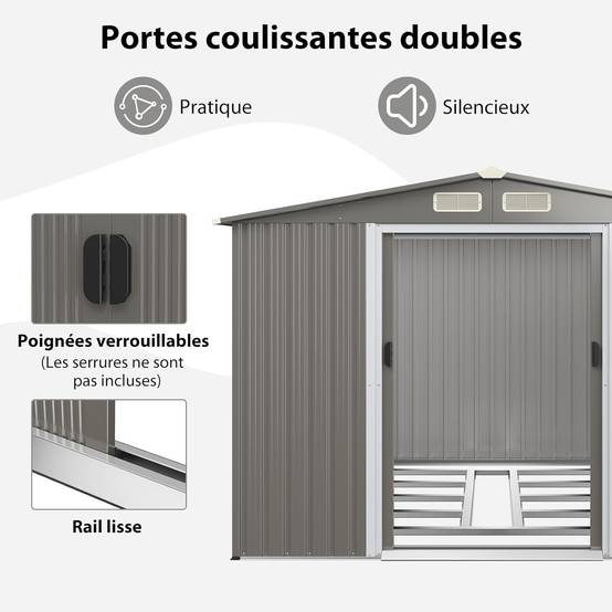 Abri de Jardin 4.7㎡en Acier Galvanisé Anti-UV, 260 x 207 x 181 CM, Fondation et Porte Coulissante, Rampe, 4 Trous d’Aération, Gris clair - Image 10