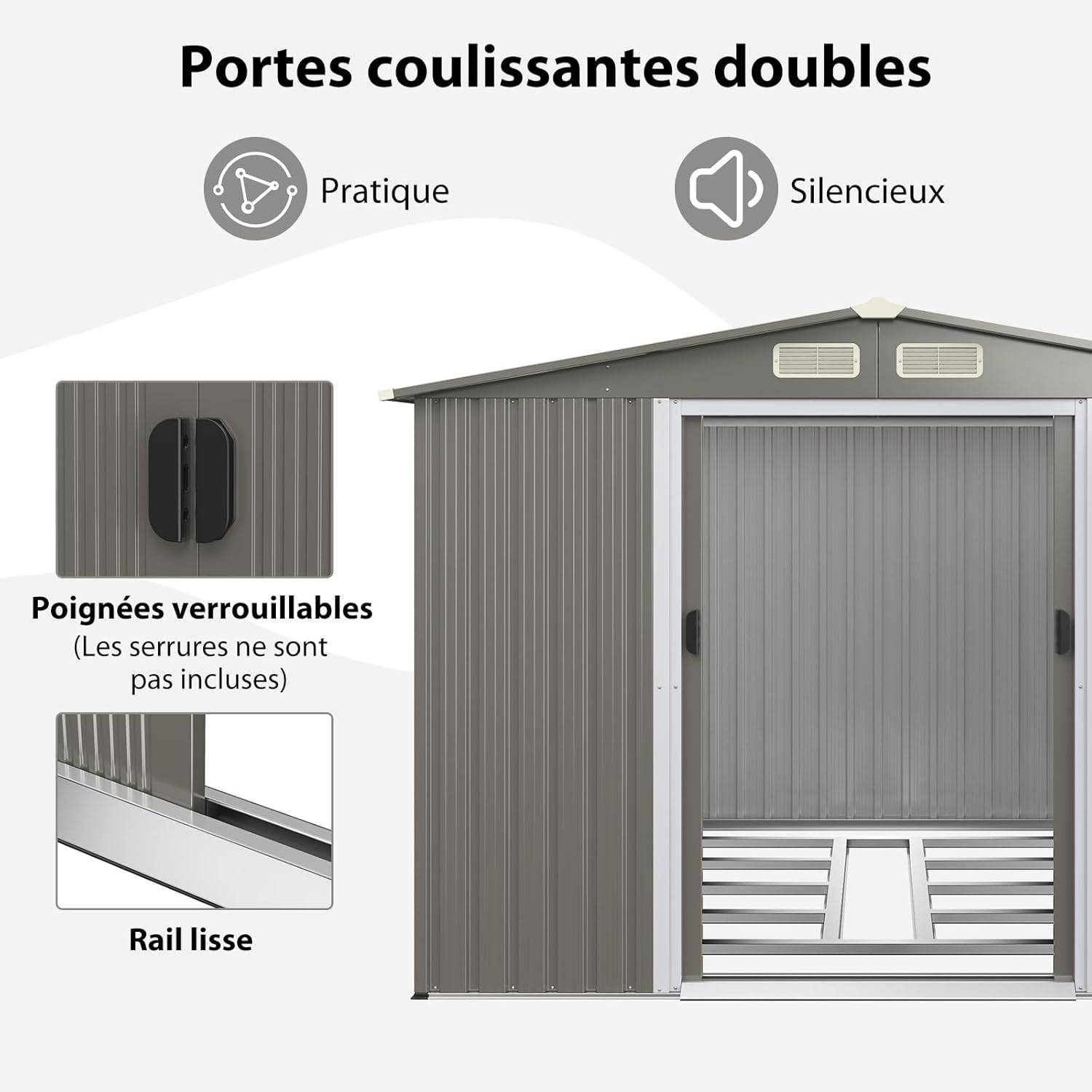 Abri de Jardin 4.7㎡en Acier Galvanisé Anti-UV, 260 x 207 x 181 CM, Fondation et Porte Coulissante, Rampe, 4 Trous d’Aération, Gris clair - Image 10