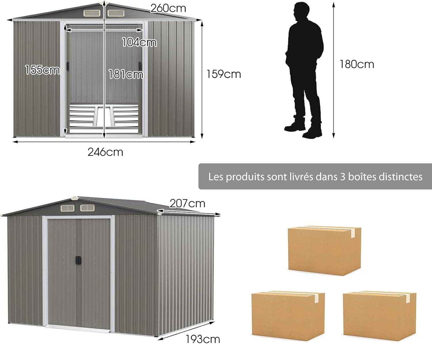Abri de Jardin 4.7㎡en Acier Galvanisé Anti-UV, 260 x 207 x 181 CM, Fondation et Porte Coulissante, Rampe, 4 Trous d’Aération, Gris clair - Image 5