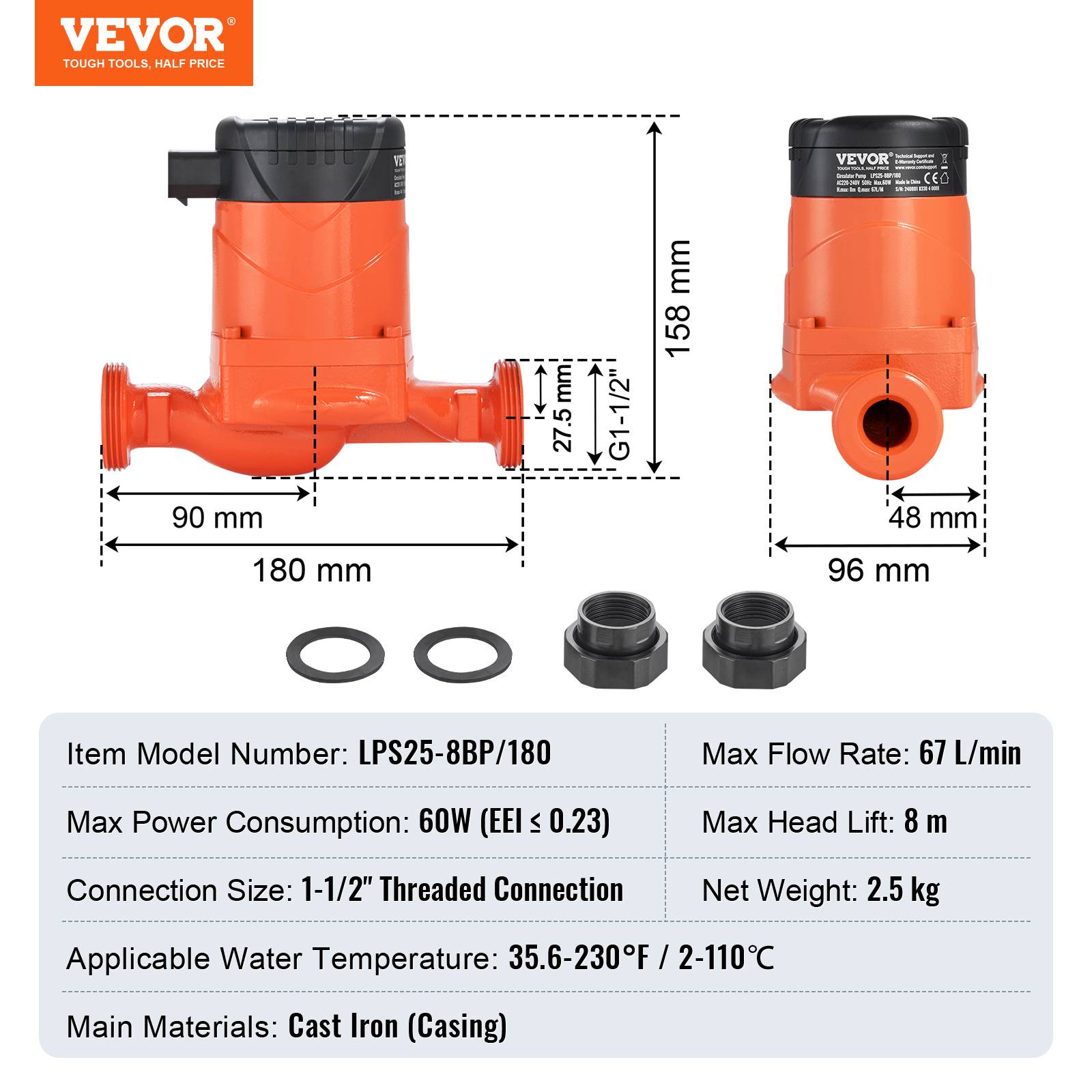 VEVOR Pompe circulation eau chaude 67 L/min, 220V 60W, hauteur refoulement 8m, pour système chauffe-eau. - Image 7