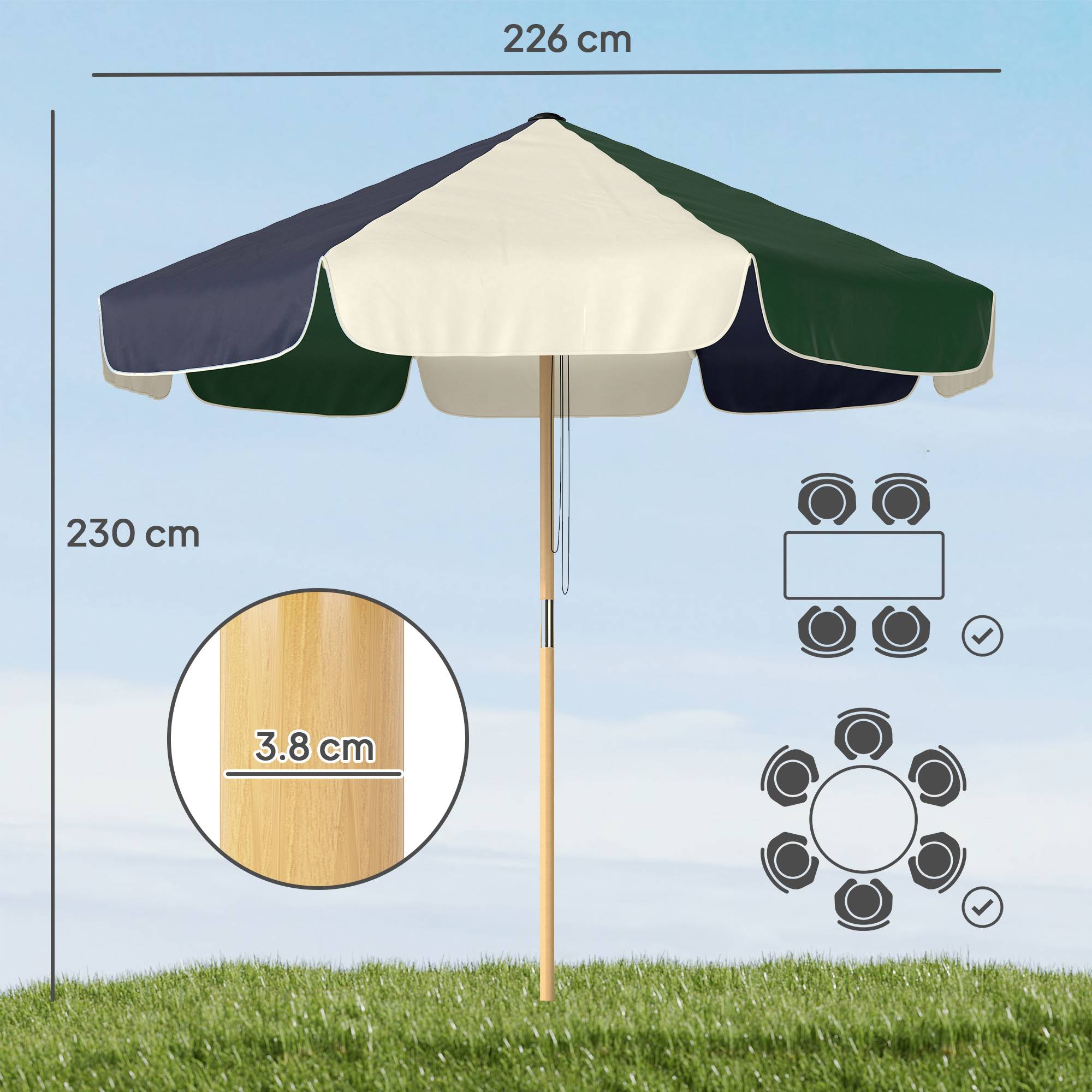 Parasol de jardin avec structure effet bois, toile bicolore à 8 baleines, protection UV 30+ - Image 5