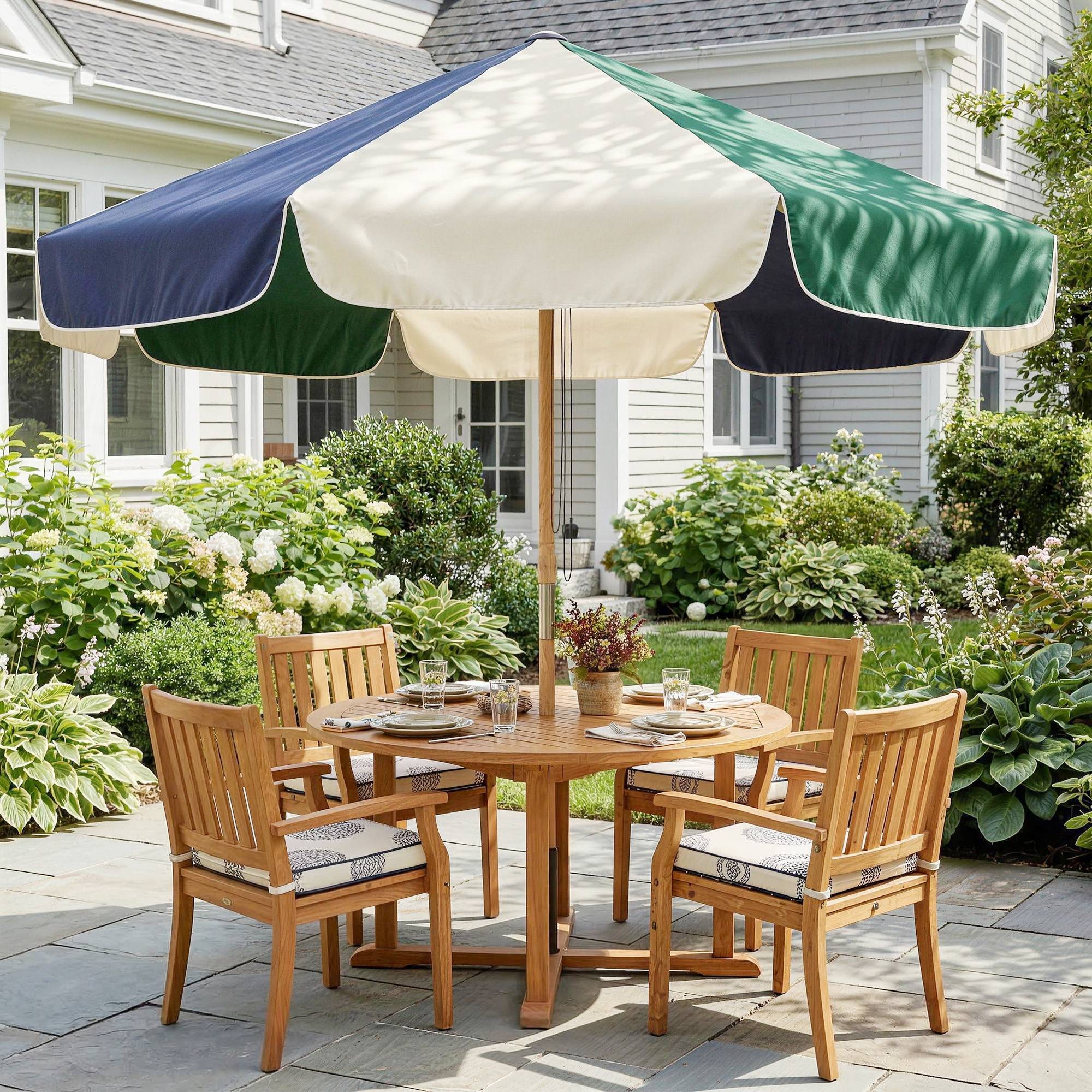 Parasol de jardin avec structure effet bois, toile bicolore à 8 baleines, protection UV 30+ - Image 3