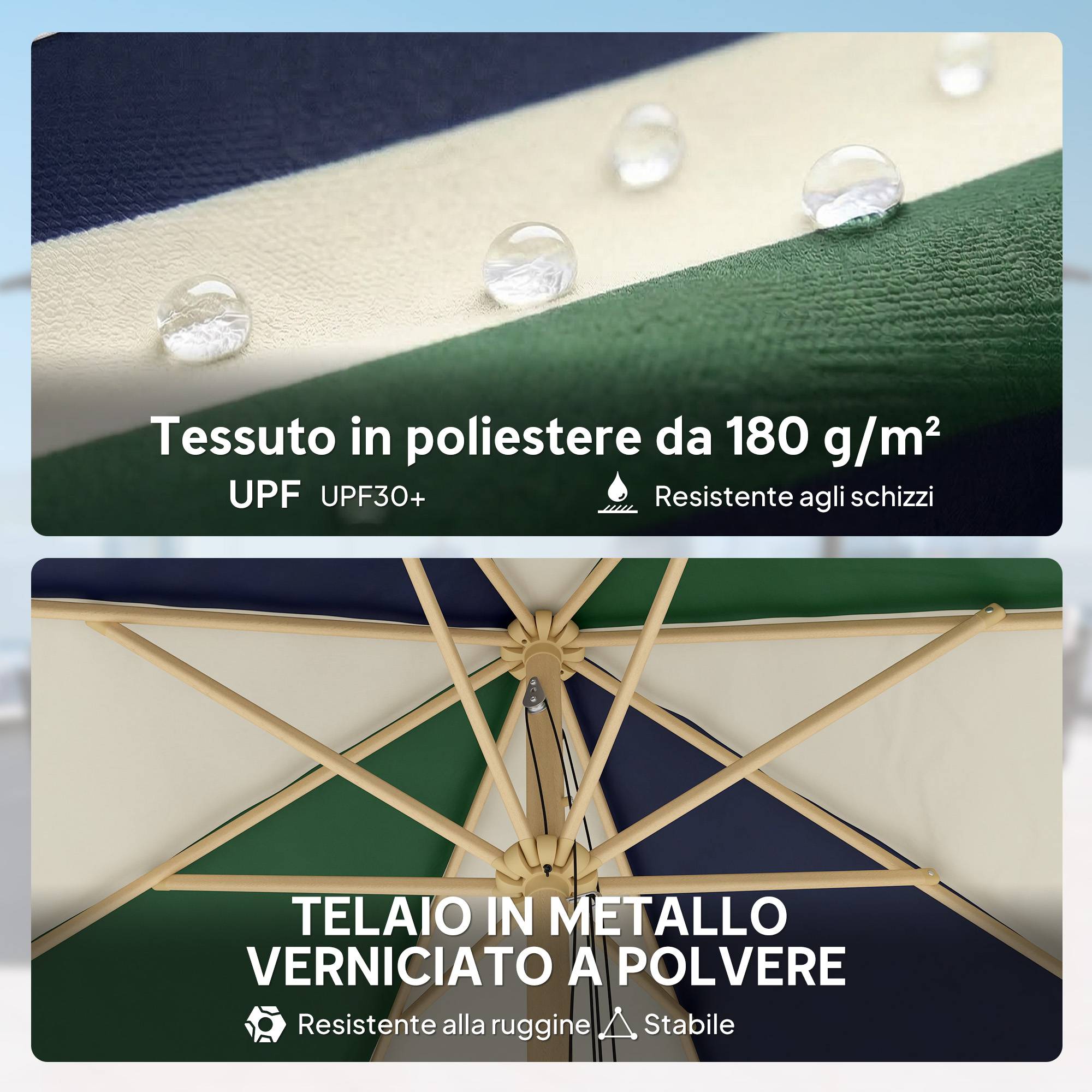 Parasol de jardin avec structure effet bois, toile bicolore à 8 baleines, protection UV 30+ - Image 7