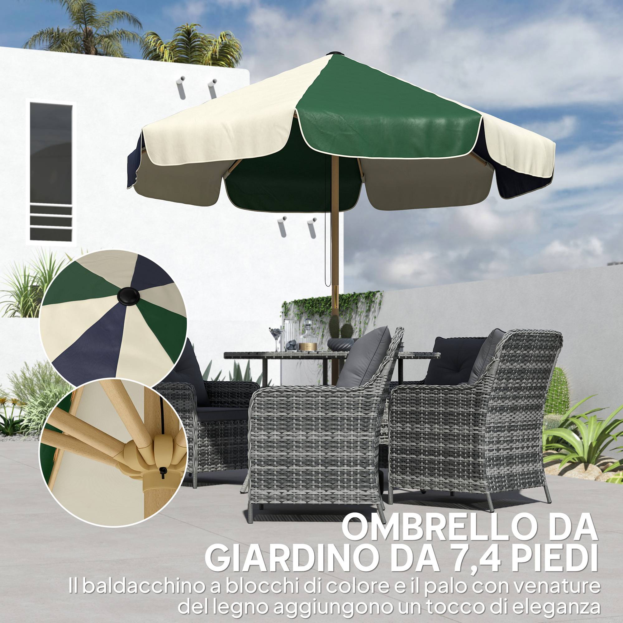Parasol de jardin avec structure effet bois, toile bicolore à 8 baleines, protection UV 30+ - Image 6