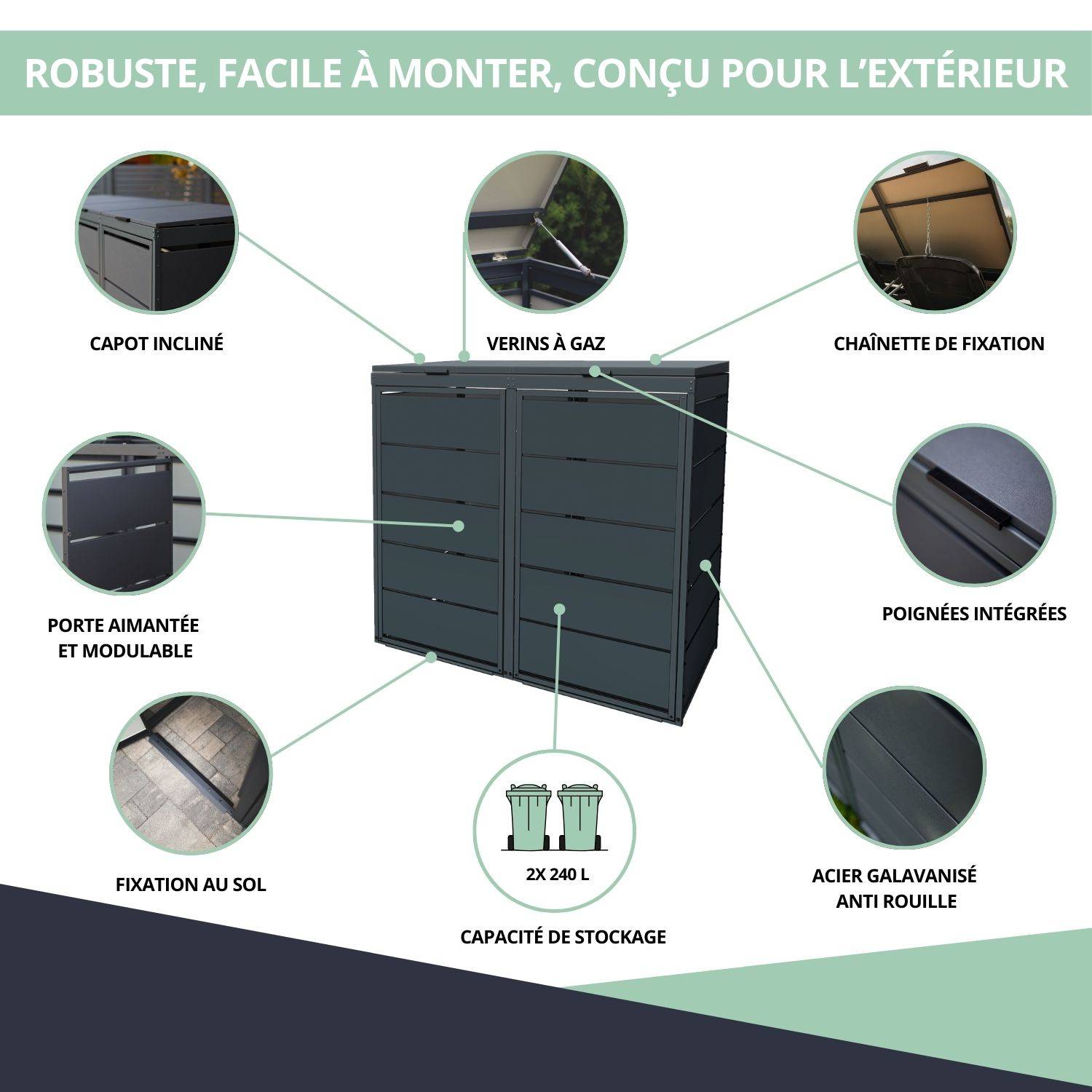 Cache poubelle extérieur double en acier galvanisé - Abri poubelle pour 2 conteneurs 240 Litres – Gris Anthracite RAL7016 - Image 5