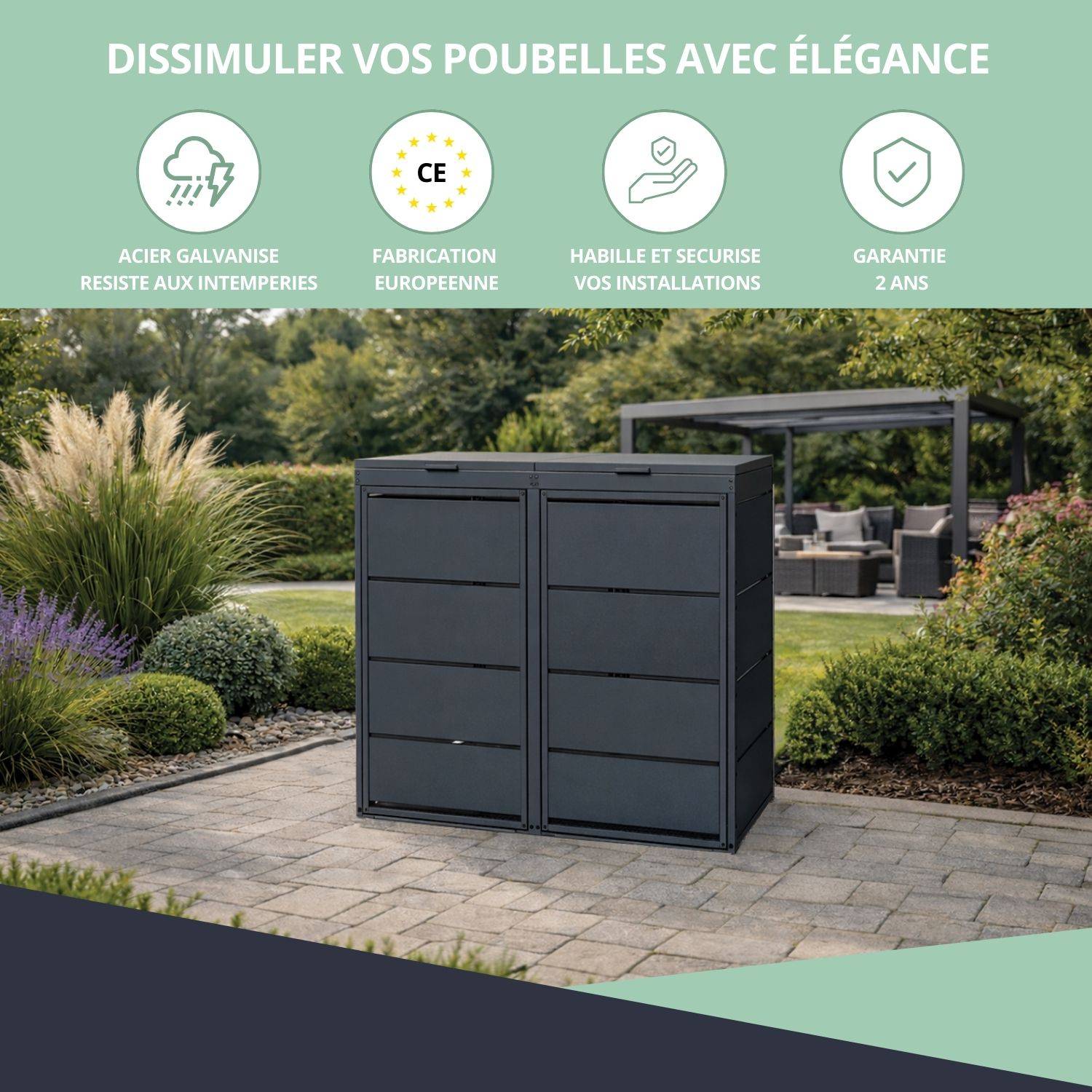 Cache poubelle extérieur double en acier galvanisé - Abri poubelle pour 2 conteneurs 240 Litres – Gris Anthracite RAL7016 - Image 7