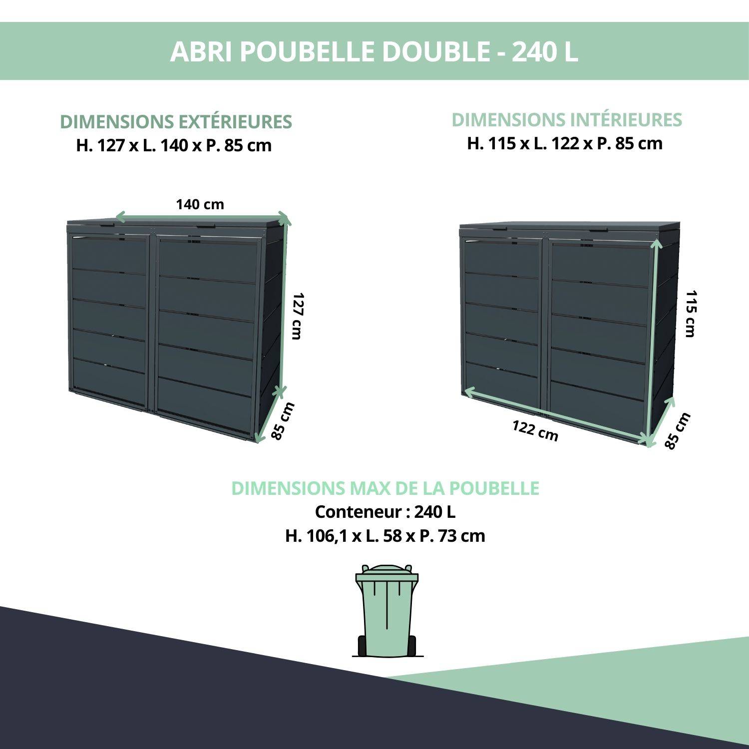 Cache poubelle extérieur double en acier galvanisé - Abri poubelle pour 2 conteneurs 240 Litres – Gris Anthracite RAL7016 - Image 3