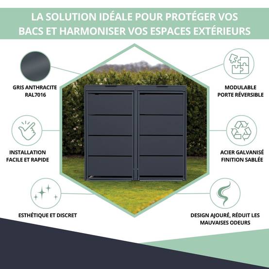 Cache poubelle extérieur double en acier galvanisé - Abri poubelle pour 2 conteneurs 240 Litres – Gris Anthracite RAL7016 - Image 2