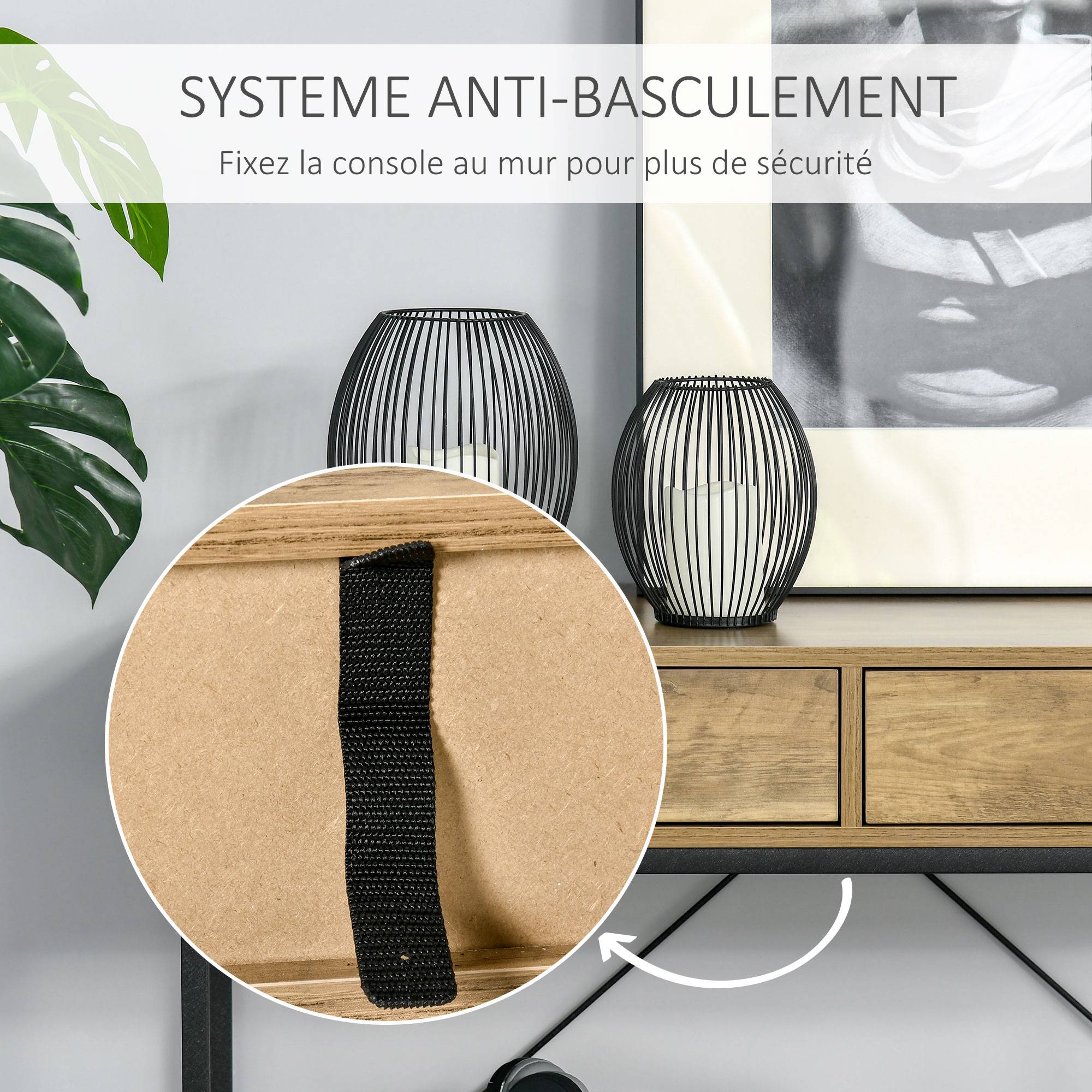 Table Console Table d'appoint d'entrée Industriel dim. 100L x 35l x 76H cm avec 2 tiroirs et 1 plateau Aspect Bois - Image 7