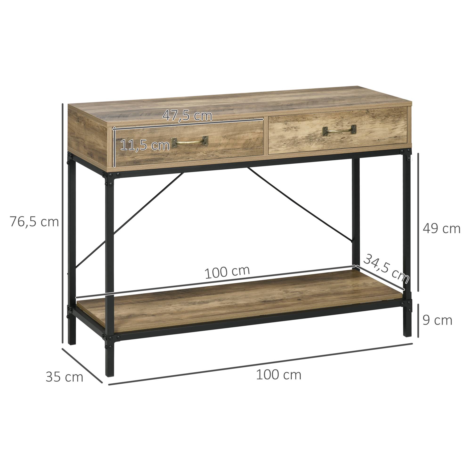 Table Console Table d'appoint d'entrée Industriel dim. 100L x 35l x 76H cm avec 2 tiroirs et 1 plateau Aspect Bois - Image 5