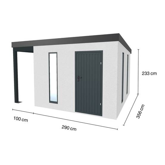 Abri de jardin en métal finition crépi 2900 x 3560 mm blanc avec auvent à gauche 1000 x 3560 mm anthracite - Image 1
