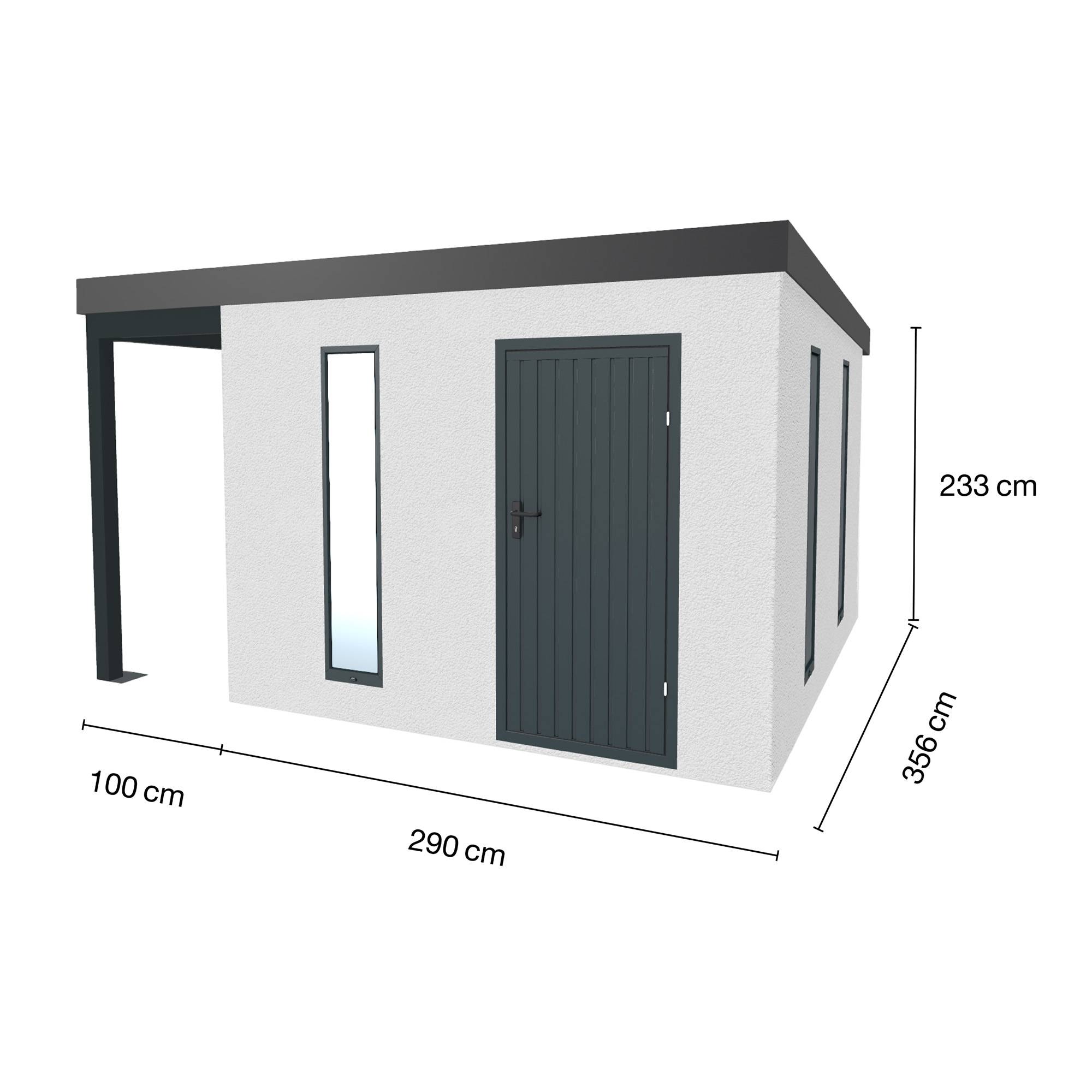 Abri de jardin en métal finition crépi 2900 x 3560 mm blanc avec auvent à gauche 1000 x 3560 mm anthracite - Image 1