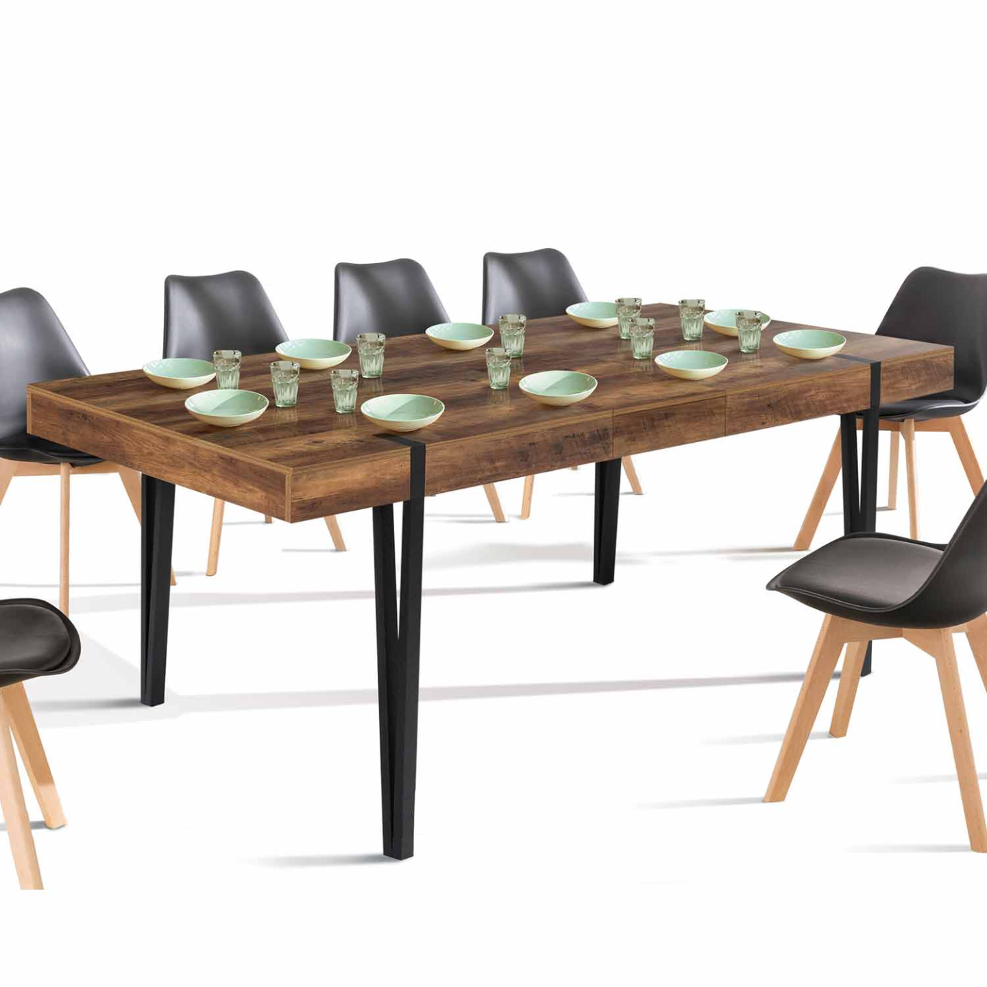 Table à manger extensible rectangle AUSTRIA 6-10 personnes bois foncé pied épingle noir 160-200 cm - Image 2