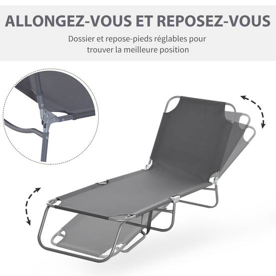 Bain de Soleil transat Pliable Dossier réglable Multipositions métal et Polyester Gris - Image 6