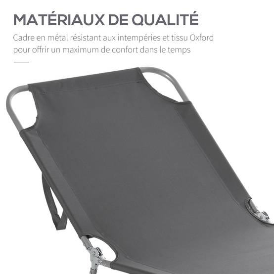 Bain de Soleil transat Pliable Dossier réglable Multipositions métal et Polyester Gris - Image 8
