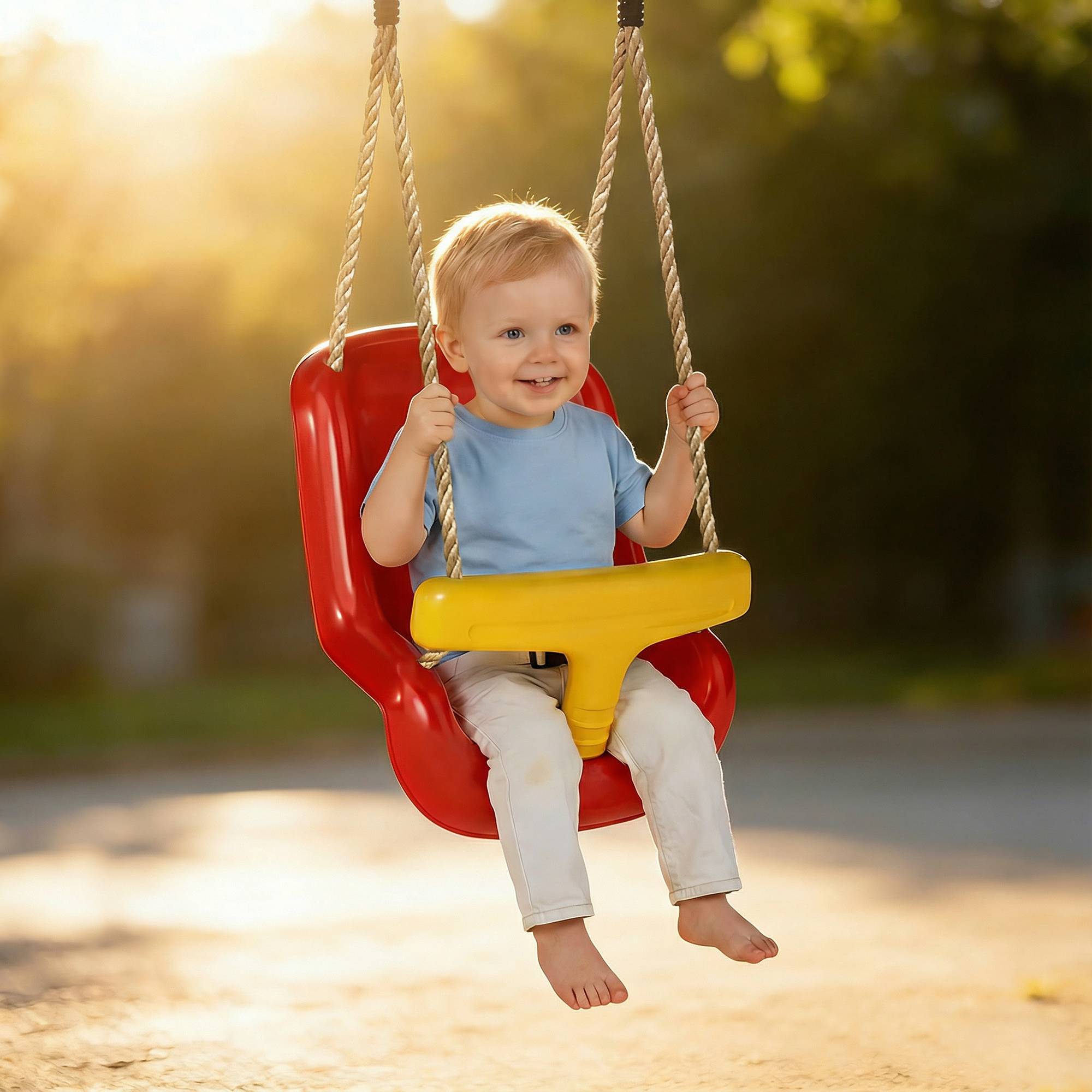 Balançoire pour enfants avec corde réglable, dossier haut et barrière de sécurité en forme de T pour une utilisation intérieure et extérieure, rouge - Image 9