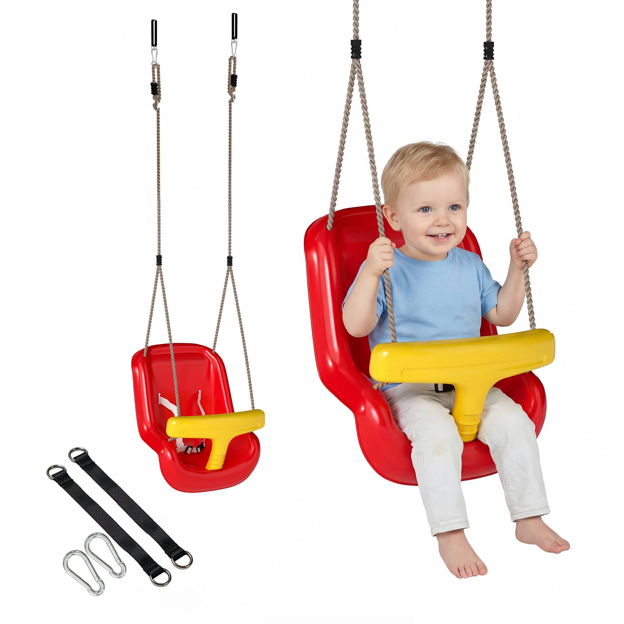 Balançoire pour enfants avec corde réglable, dossier haut et barrière de sécurité en forme de T pour une utilisation intérieure et extérieure, rouge - Image 1