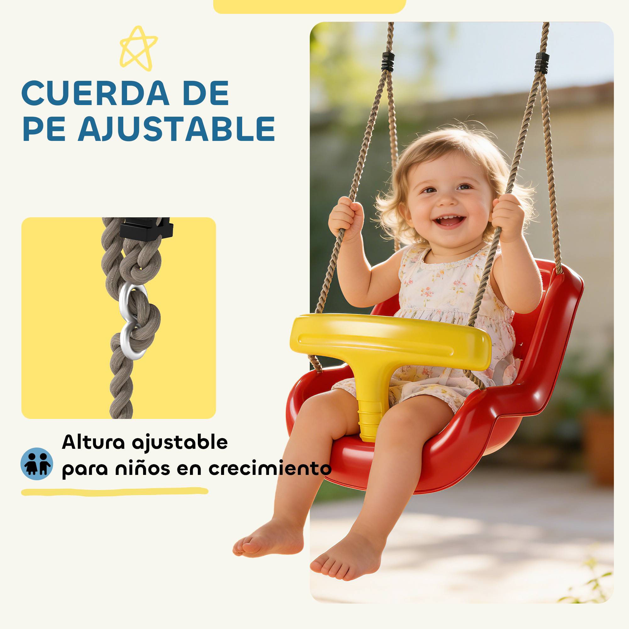 Balançoire pour enfants avec corde réglable, dossier haut et barrière de sécurité en forme de T pour une utilisation intérieure et extérieure, rouge - Image 6