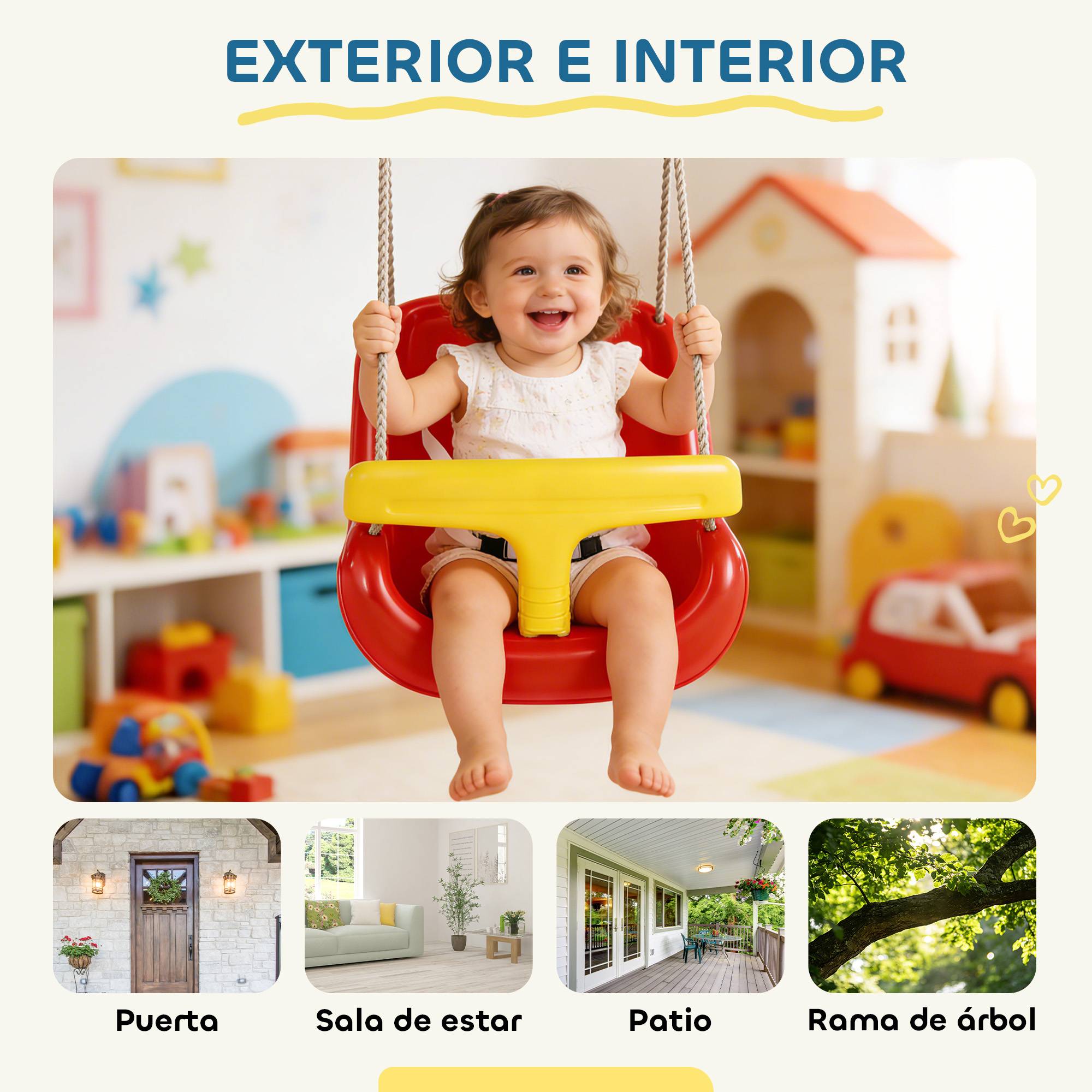 Balançoire pour enfants avec corde réglable, dossier haut et barrière de sécurité en forme de T pour une utilisation intérieure et extérieure, rouge - Image 8