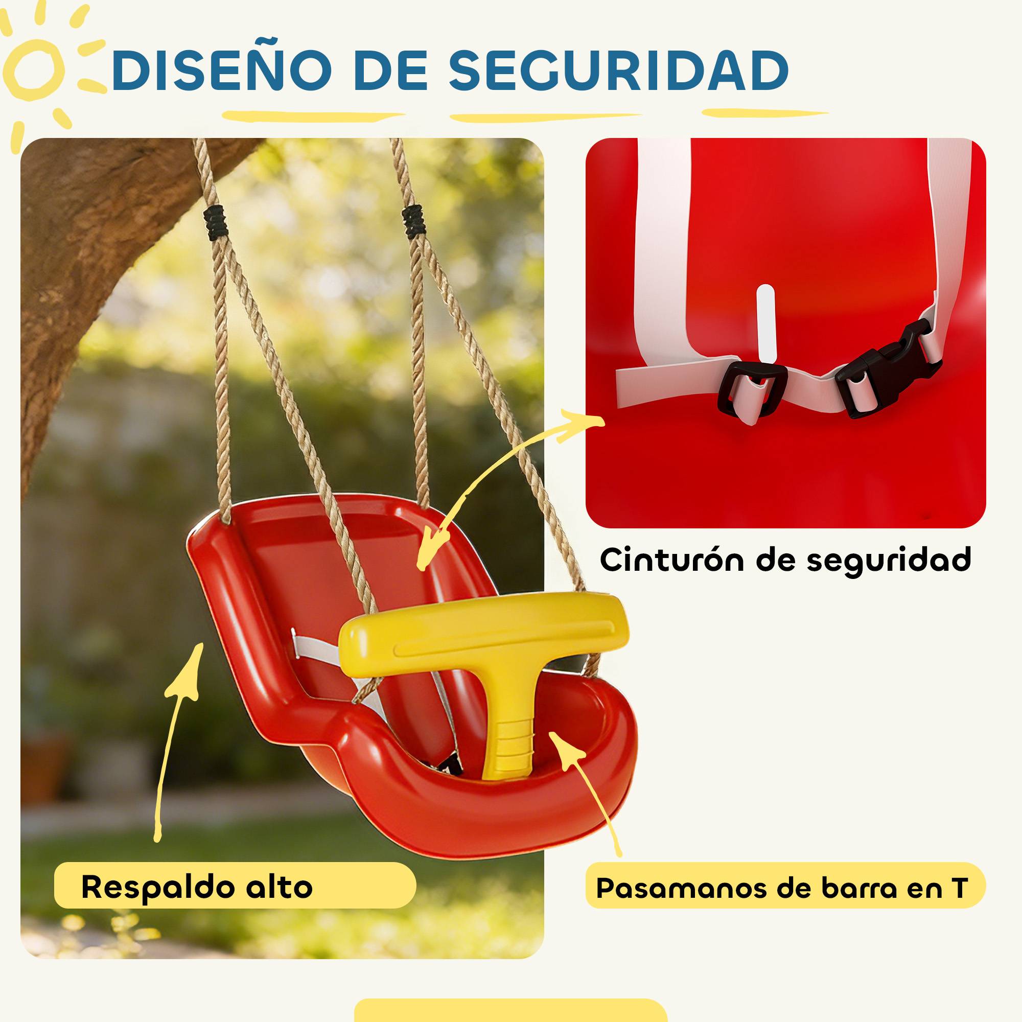 Balançoire pour enfants avec corde réglable, dossier haut et barrière de sécurité en forme de T pour une utilisation intérieure et extérieure, rouge - Image 7
