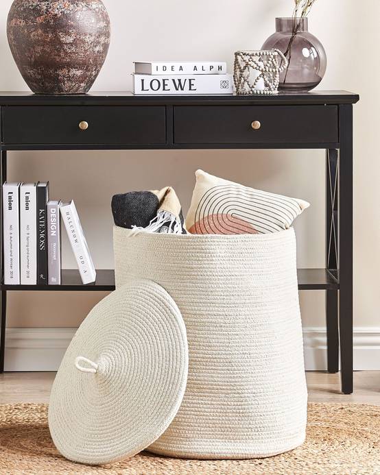 Panier Blanc Clair en Coton Rond 44 cm Corbeille à Linge Tressée Rangement pour Intérieur Minimaliste avec Couvercle Boîte - Image 2