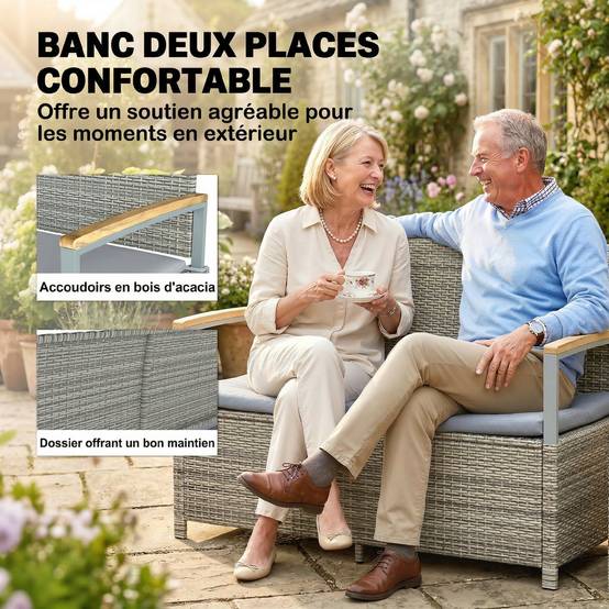 ComfortXL - Banc coffre rangement extérieur 170L résine tressée acacia 2 places coussin gris clair - ComfortXL Outdoor Living - Image 9