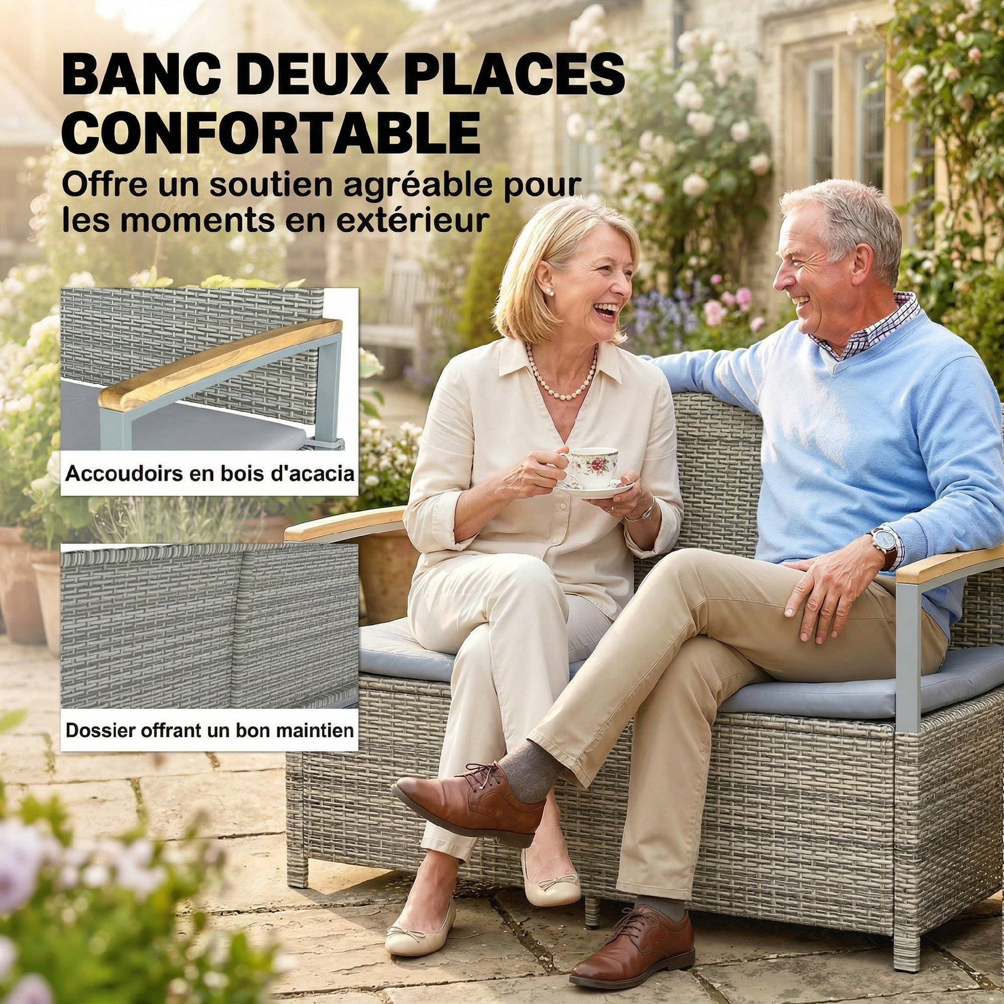 ComfortXL - Banc coffre rangement extérieur 170L résine tressée acacia 2 places coussin gris clair - ComfortXL Outdoor Living - Image 9