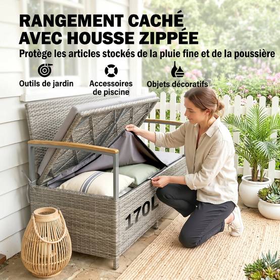 ComfortXL - Banc coffre rangement extérieur 170L résine tressée acacia 2 places coussin gris clair - ComfortXL Outdoor Living - Image 7