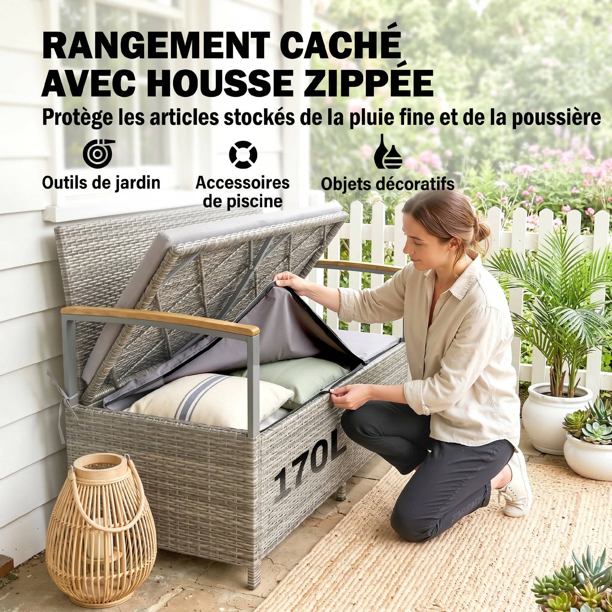 ComfortXL - Banc coffre rangement extérieur 170L résine tressée acacia 2 places coussin gris clair - ComfortXL Outdoor Living - Image 7