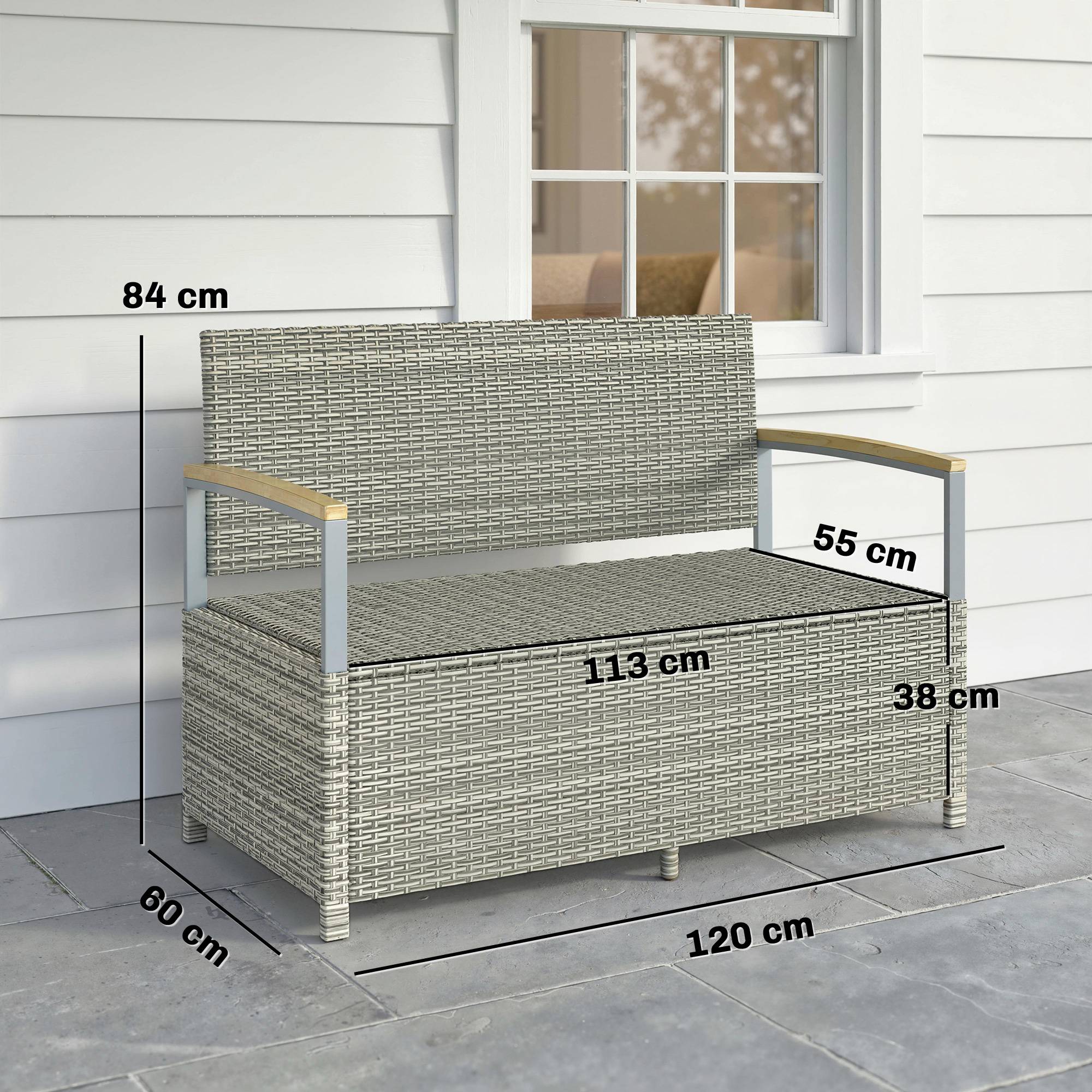 ComfortXL - Banc coffre rangement extérieur 170L résine tressée acacia 2 places coussin gris clair - ComfortXL Outdoor Living - Image 5